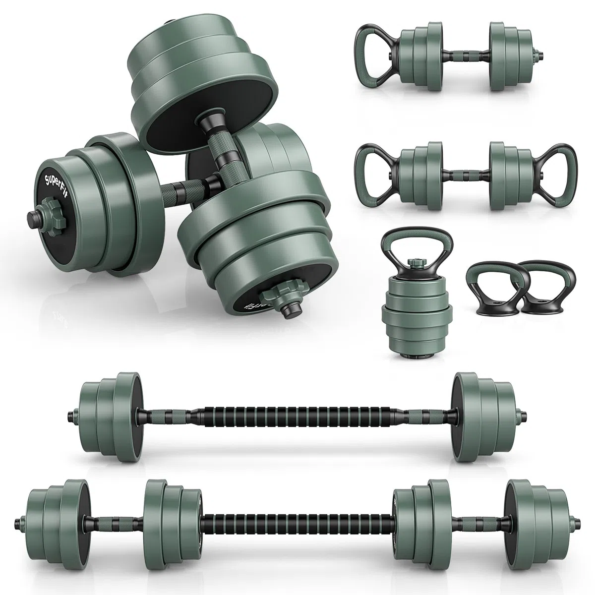 COSTWAY Zestaw hantli 4 w 1, 20 kg, zestaw hantli regulowanych, w tym hantle ze sztucznego hantla, długie hantle kettlebells i pompki, zestaw hantli z rurą łączącą do treningu siłowego, domu, na