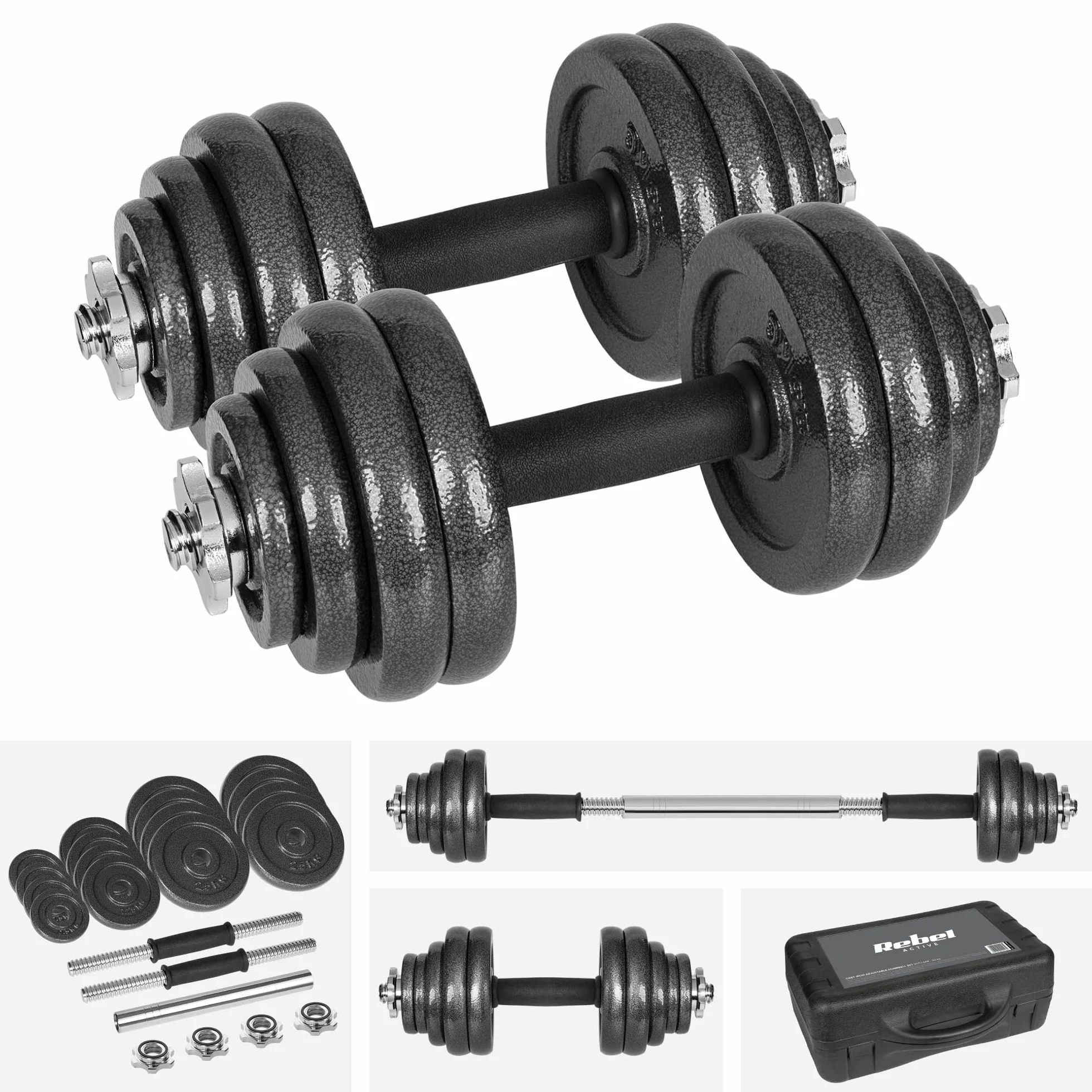 Rebel Electro Hantle Żeliwne w Walizce z Gryfem Zestaw 30kg Regulowane RBA-2327-30
