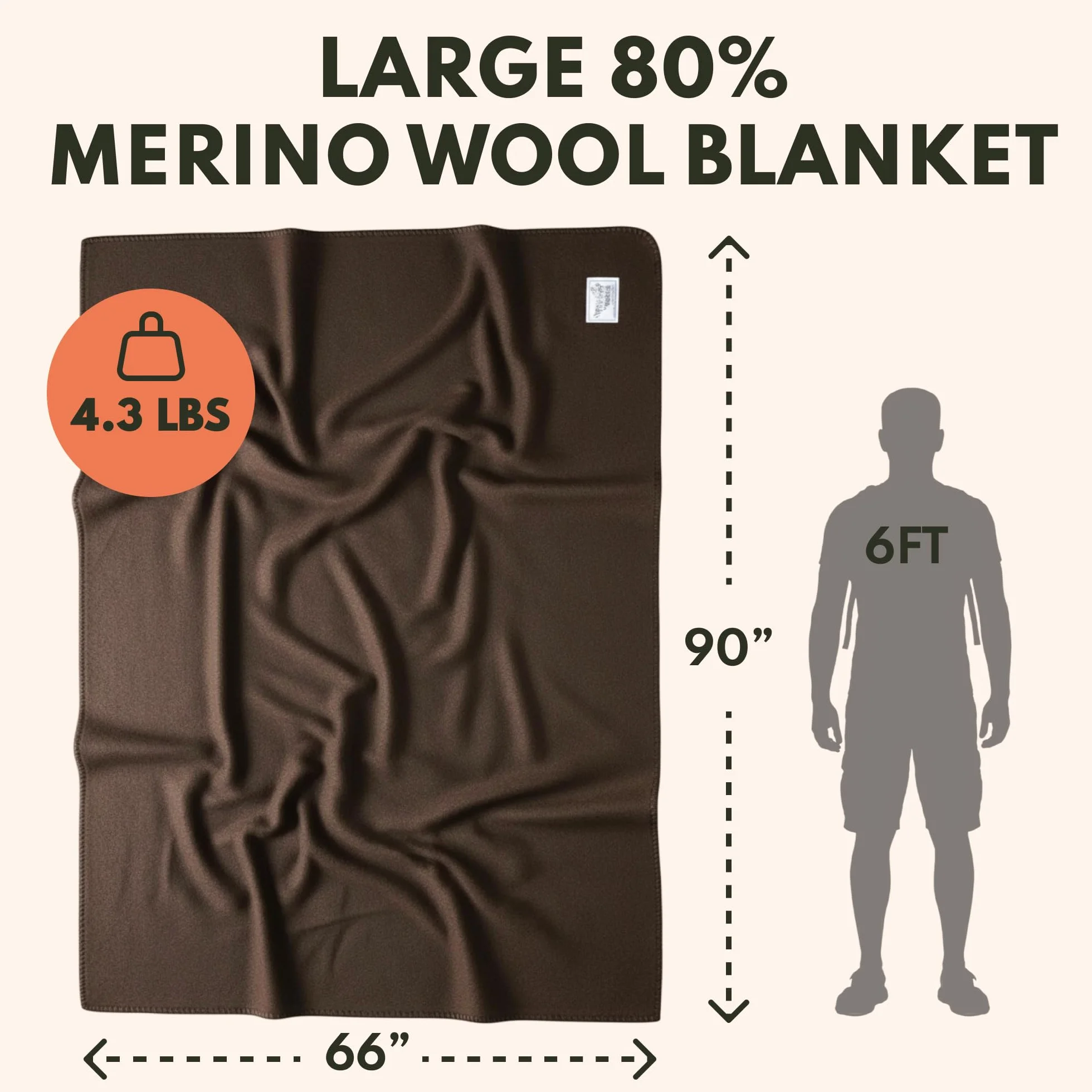 Woolly Mammoth Woolen Co. bardzo duży koc kempingowy z wełny merynosów, idealny sprzęt outdoorowy, do krzaków, biwakowania, trekkingu, wędrówek, survivalu lub jako narzuta do kabiny. (brązowy), 168 cm