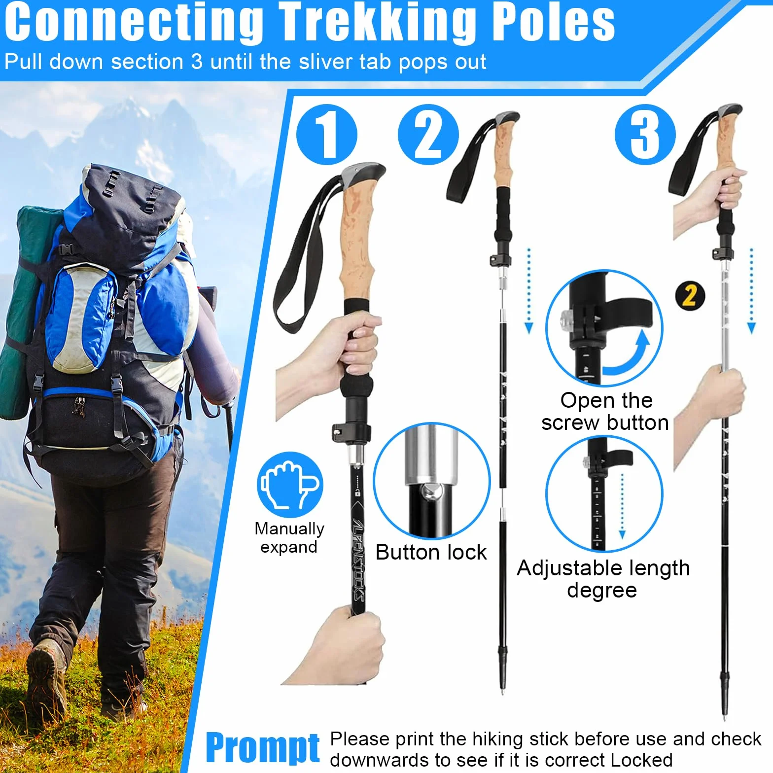 2 PCS Kijki Trekkingowe Teleskopowe 105-135cm Mężczyźni Kobiety, Ultralekkie Aluminium 7075, Kijki do Nordic Walking z Korkowym Uchwytem, Składane z Pokrowcem i Akcesoriami na Narty i Góry