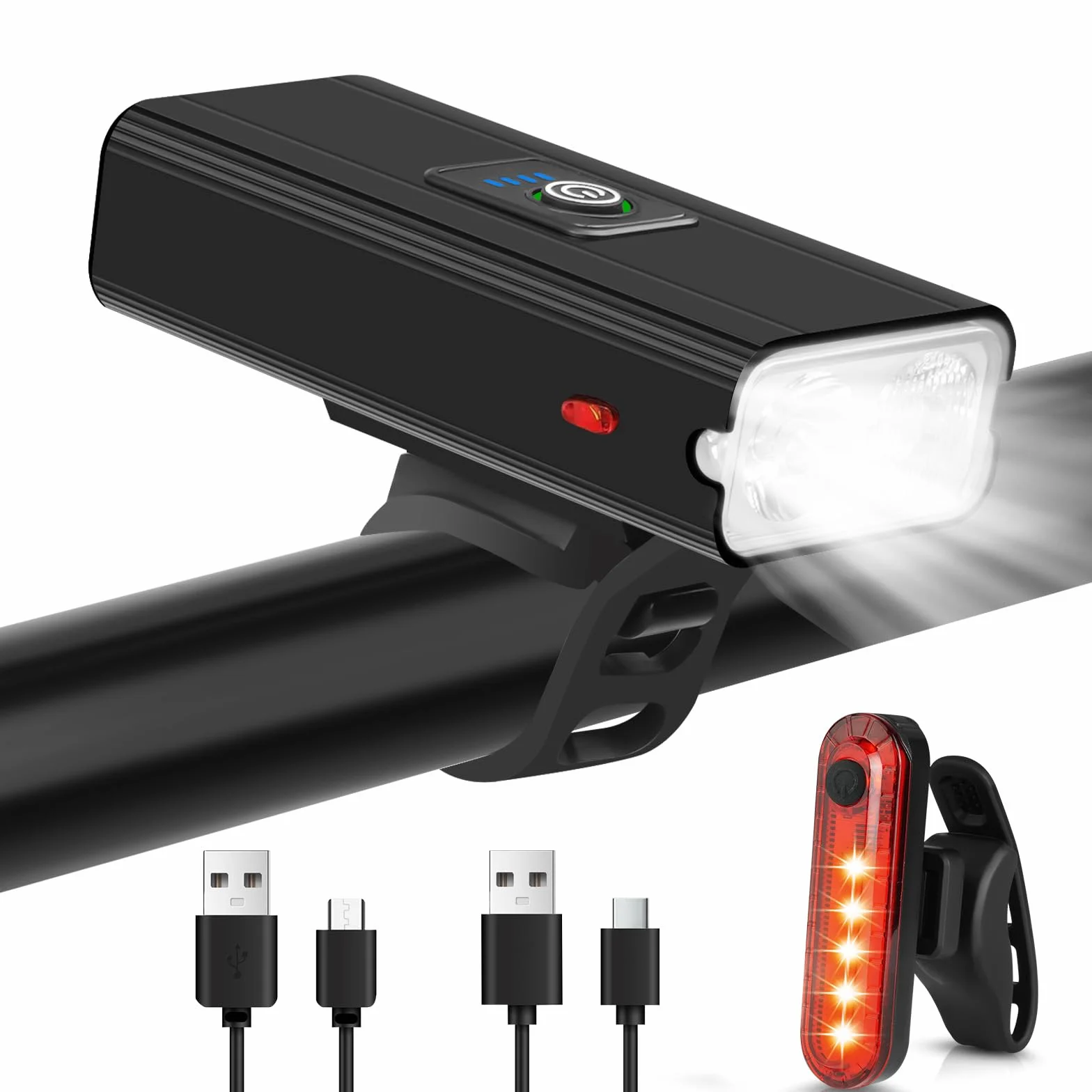 Ainiv Światła rowerowe z przodu i z tyłu, super jasne, 6 trybów świecenia, przednie światła LED, typ C, ładowalne światła rowerowe, wodoodporny reflektor rowerowy do roweru szosowego, MTB, wędkowania