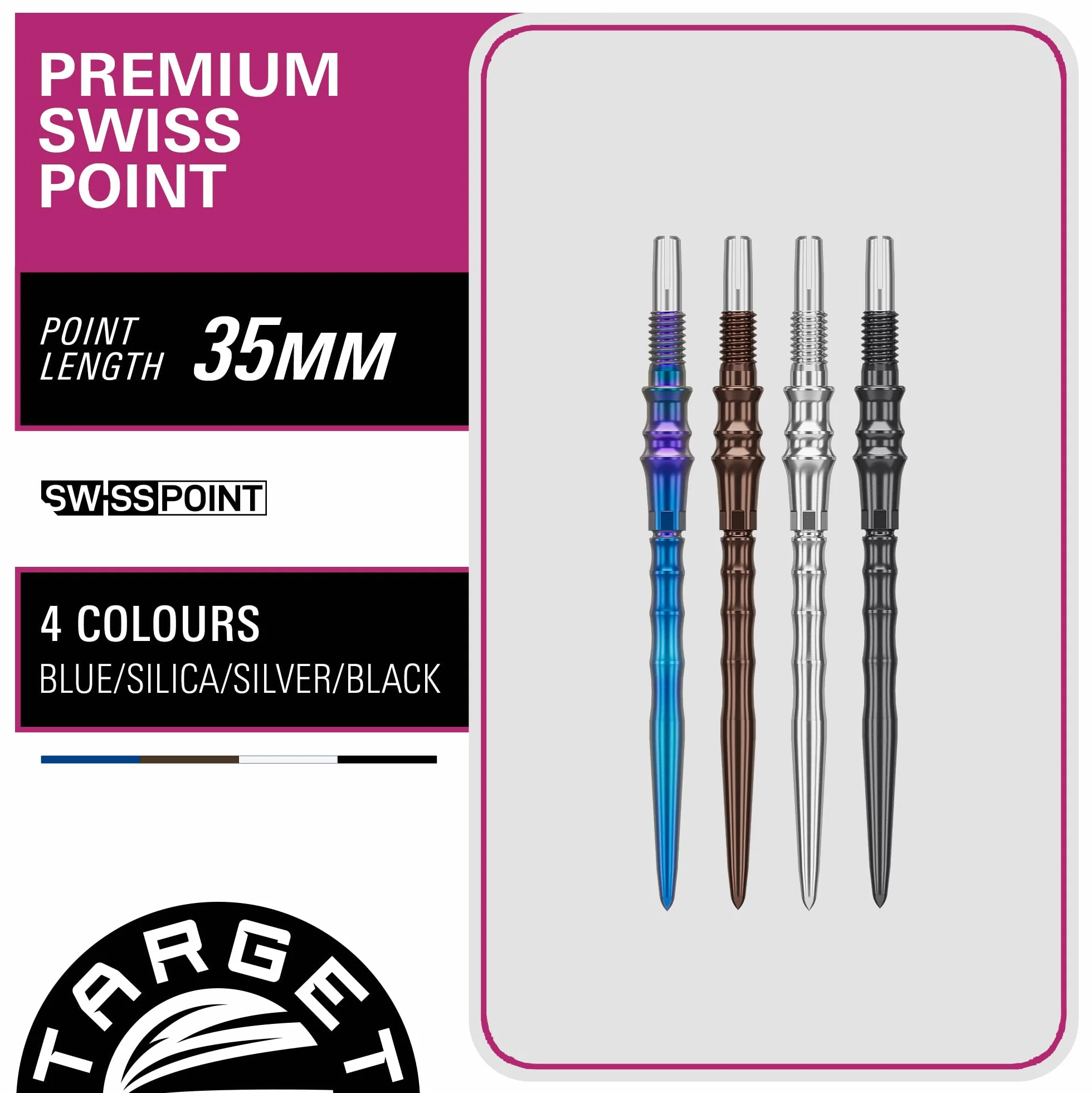 Target Japan Premium Swiss Points, 3 Pack Set of Tips- 30MM/35MM/40MM- Czarny/Silica/Niebieski/Srebrny | Końcówki do rzutek, końcówki zapasowe, profesjonalne akcesoria do rzutek