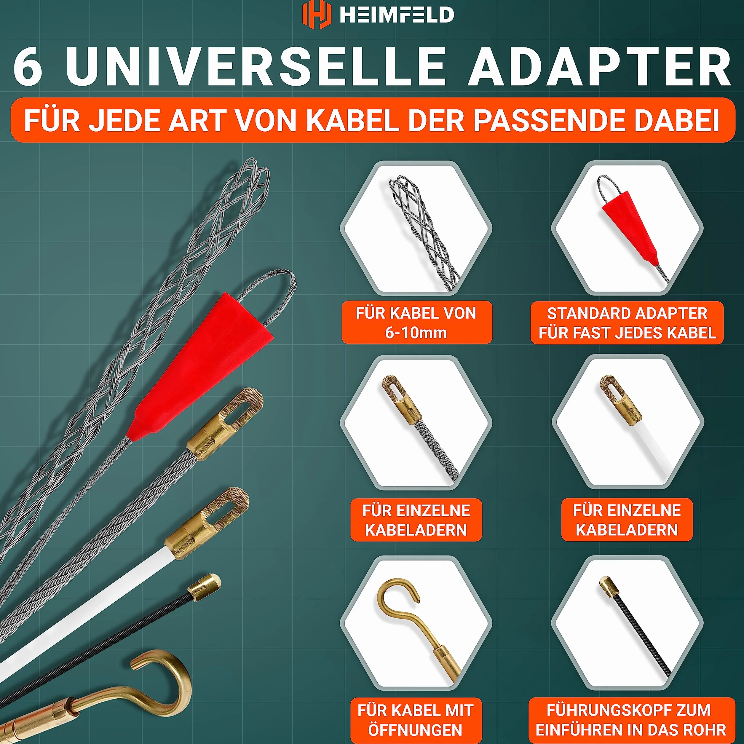 Spirala do wciągania kabli 30 m z 6 adapterami – drut naciągowy 4 mm do rur pustych
