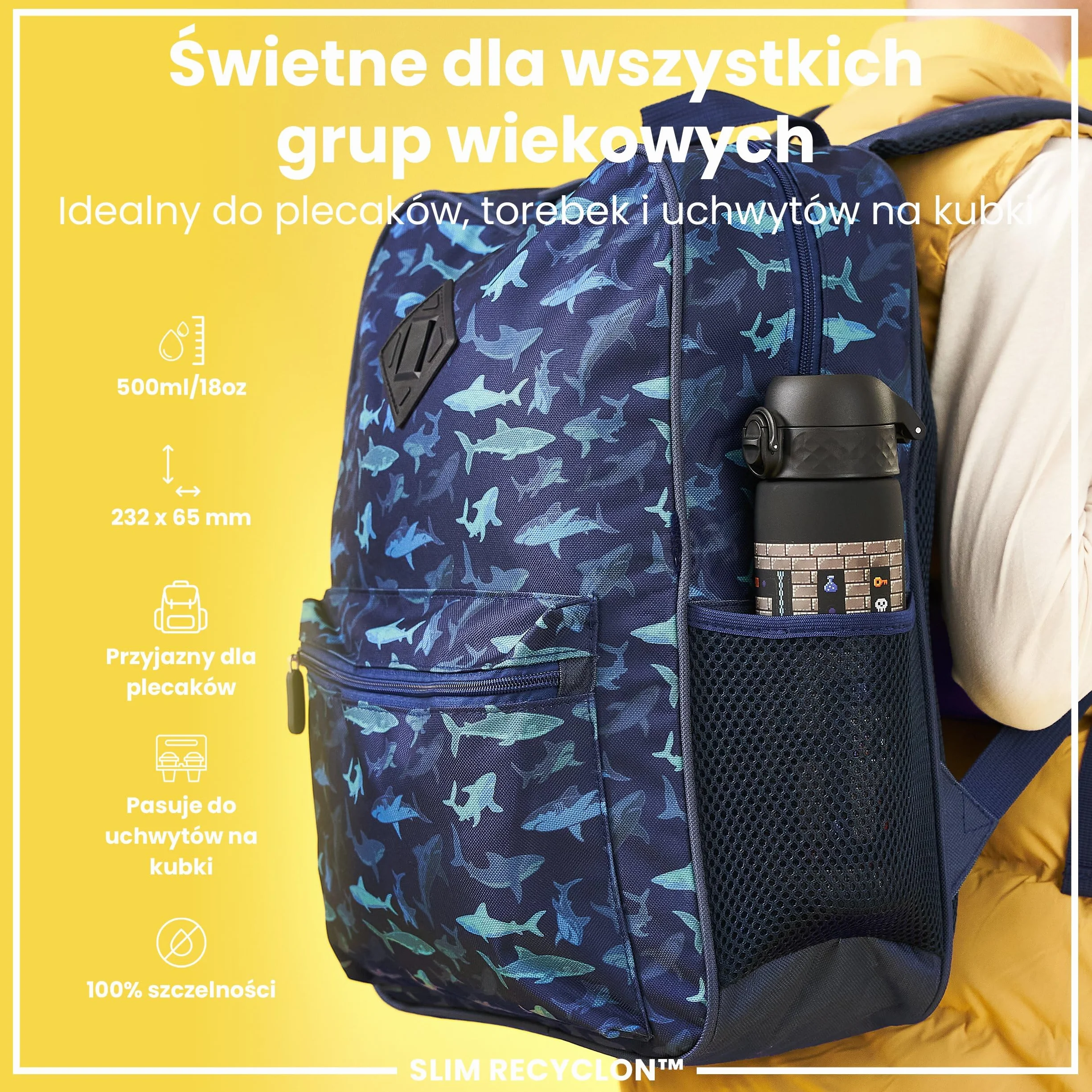 ION8 Butelka na Wodę, 500 ml/18 oz, Szczelna, Łatwe Otwieranie, Bezpieczny Zamek, Można Myć w Zmywarce, Bez BPA, Higieniczne Pokrycie, Uchwyt do Przenoszenia, Łatwa Czyszczenie, Bezwonny, Motyw Gracz