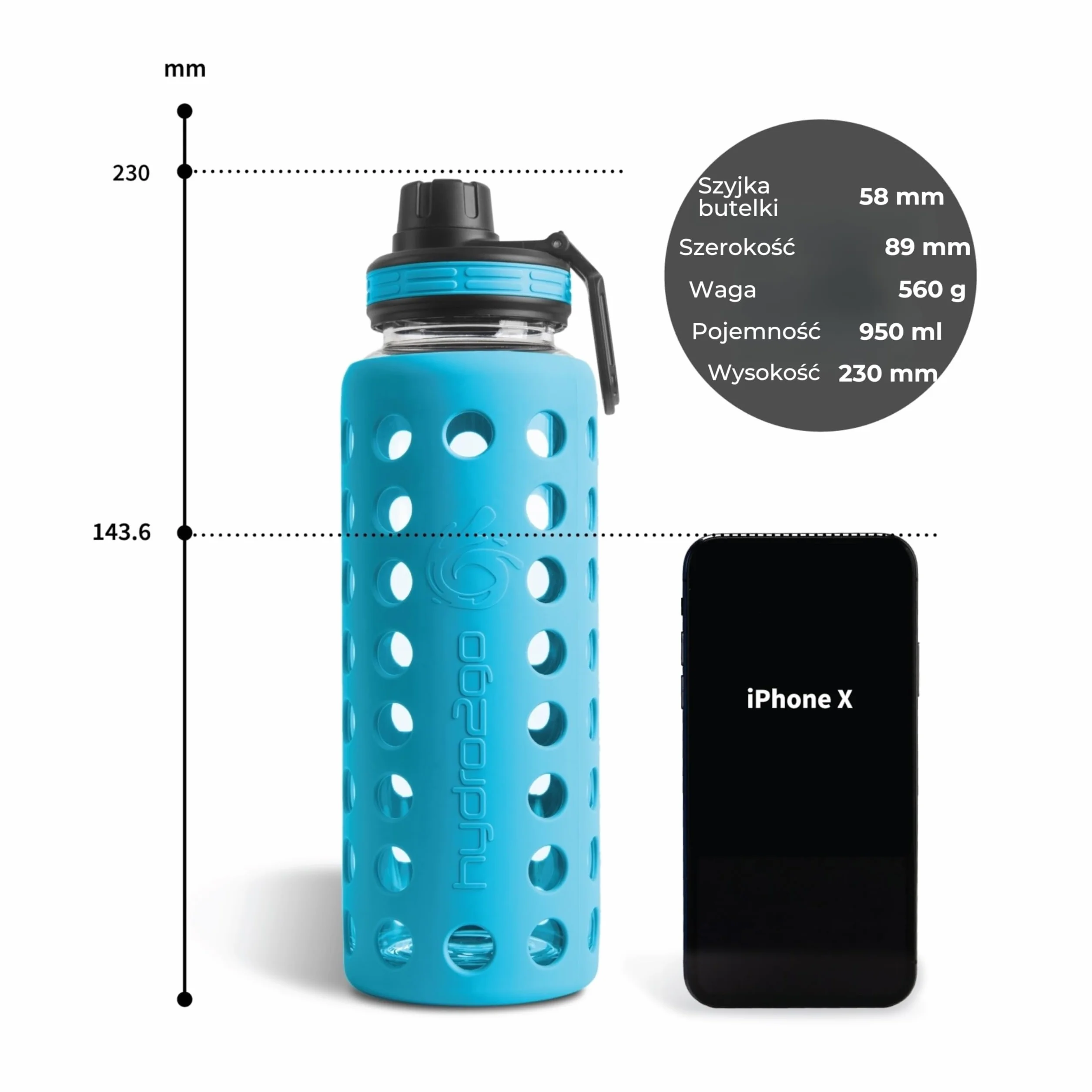 Hydro2go Butelka Szklana 950 ml z Osłoną Silikonową Wodoszczelna Bez BPA 2 Wymienne Nakrętki Coral Blue