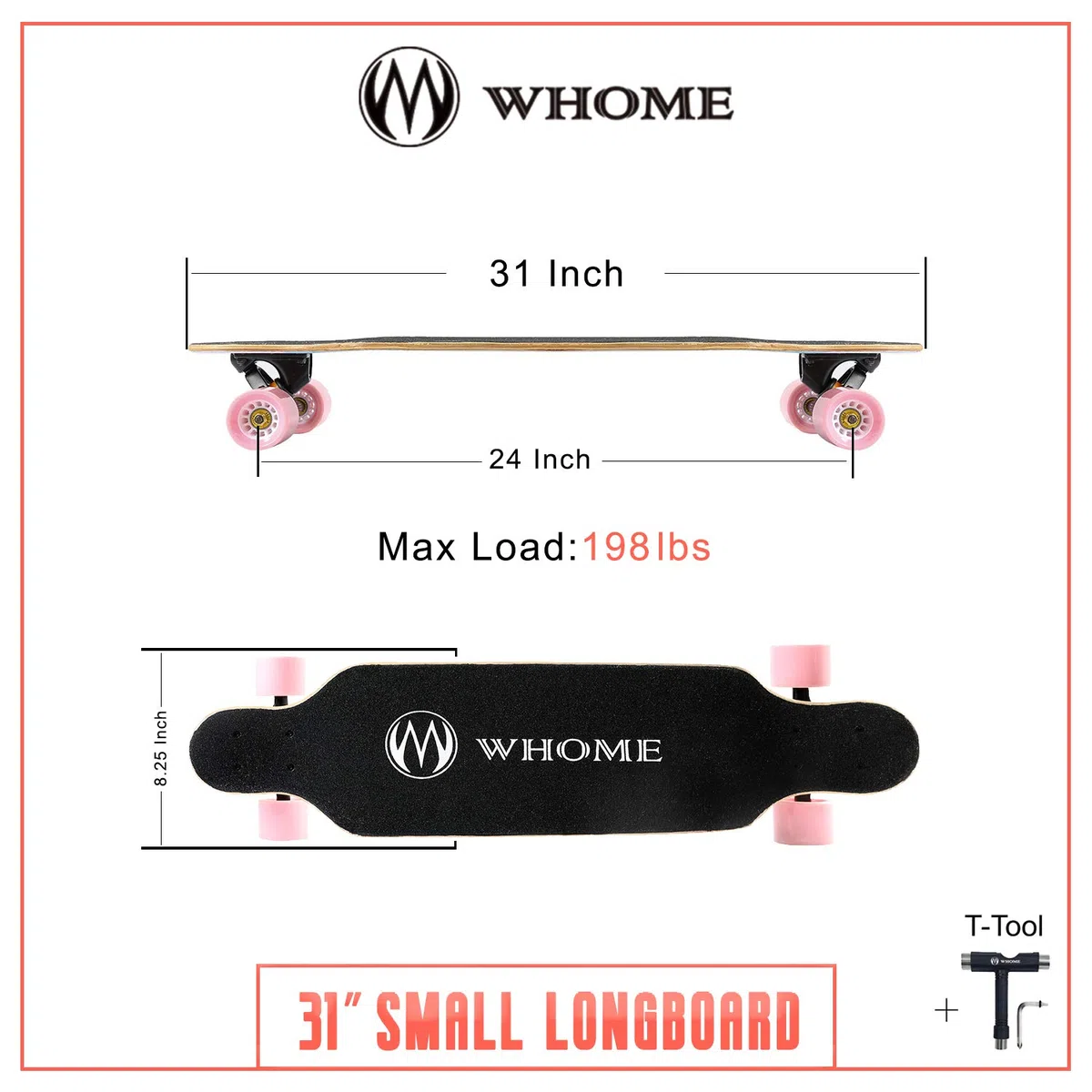 WHOME Pro Longboards – mała deskorolka Longboard Cruising 79 cm dla dorosłych / dzieci / chłopców Pro / początkujących z narzędziem T