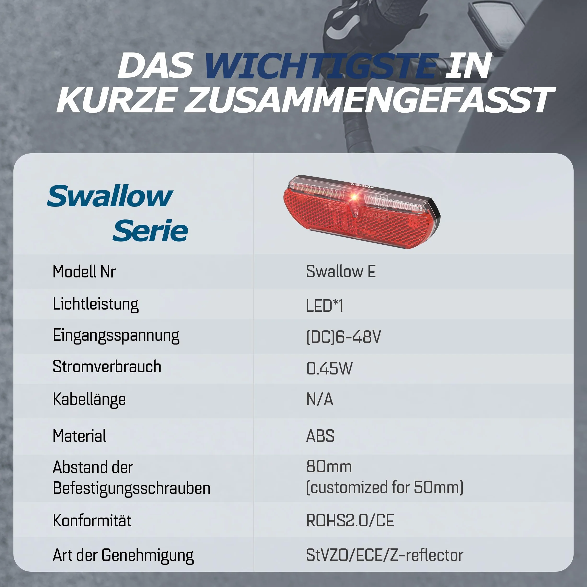 ADDVIEW Swallow E Bike tylne światło – tylne światło LED do roweru 6-12 V DC z certyfikatem StVZO 80 mm do montażu w stojaku IP65, wodoodporna, kompaktowa konstrukcja, widoczność 40 m reflektor Z