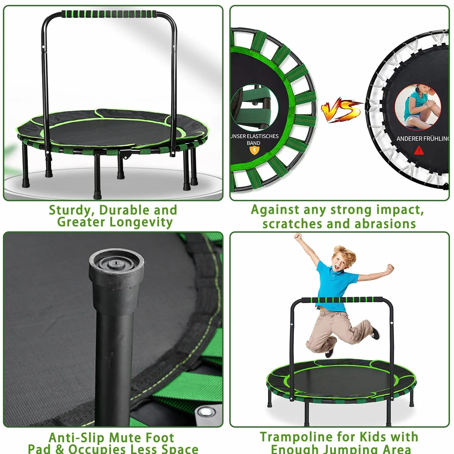 Trampolina dla dzieci, sk?adana mini trampolina dla dzieci w wieku od 3 do 6 lat, ze zdejmowanym uchwytem i bezpieczn? wy?ció?k?, ud?wig do 60 kg, trampolina ogrodowa, trampolina do u?ytku wewn?trz i