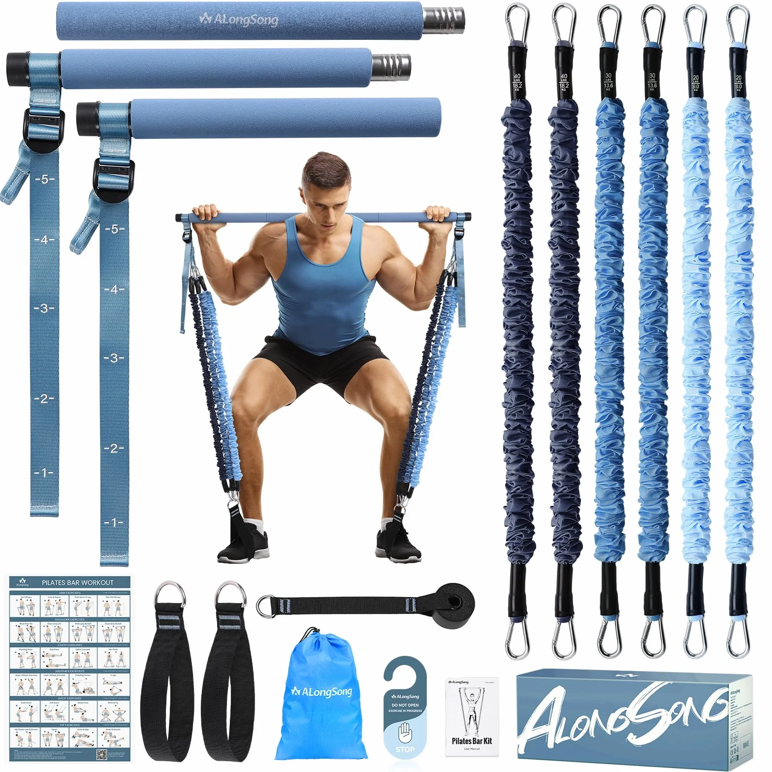 ALongSong Sprzęt do pilatesu Reformer z 6 opaskami oporowymi 20/30/18.1 kg ochrona przed zatrzaskami