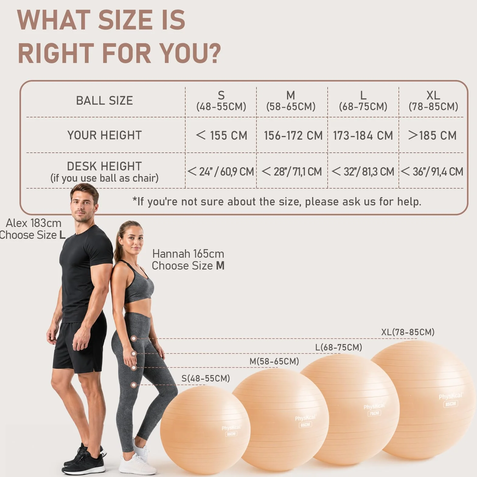 PhysKcal Piłka gimnastyczna o długości od 55 cm do 85 cm i 23 cm, w zestawie z pompką powietrzną, piłka gimnastyczna chroniąca przed pęknięciem, antypoślizgowa piłka do siedzenia, piłka do