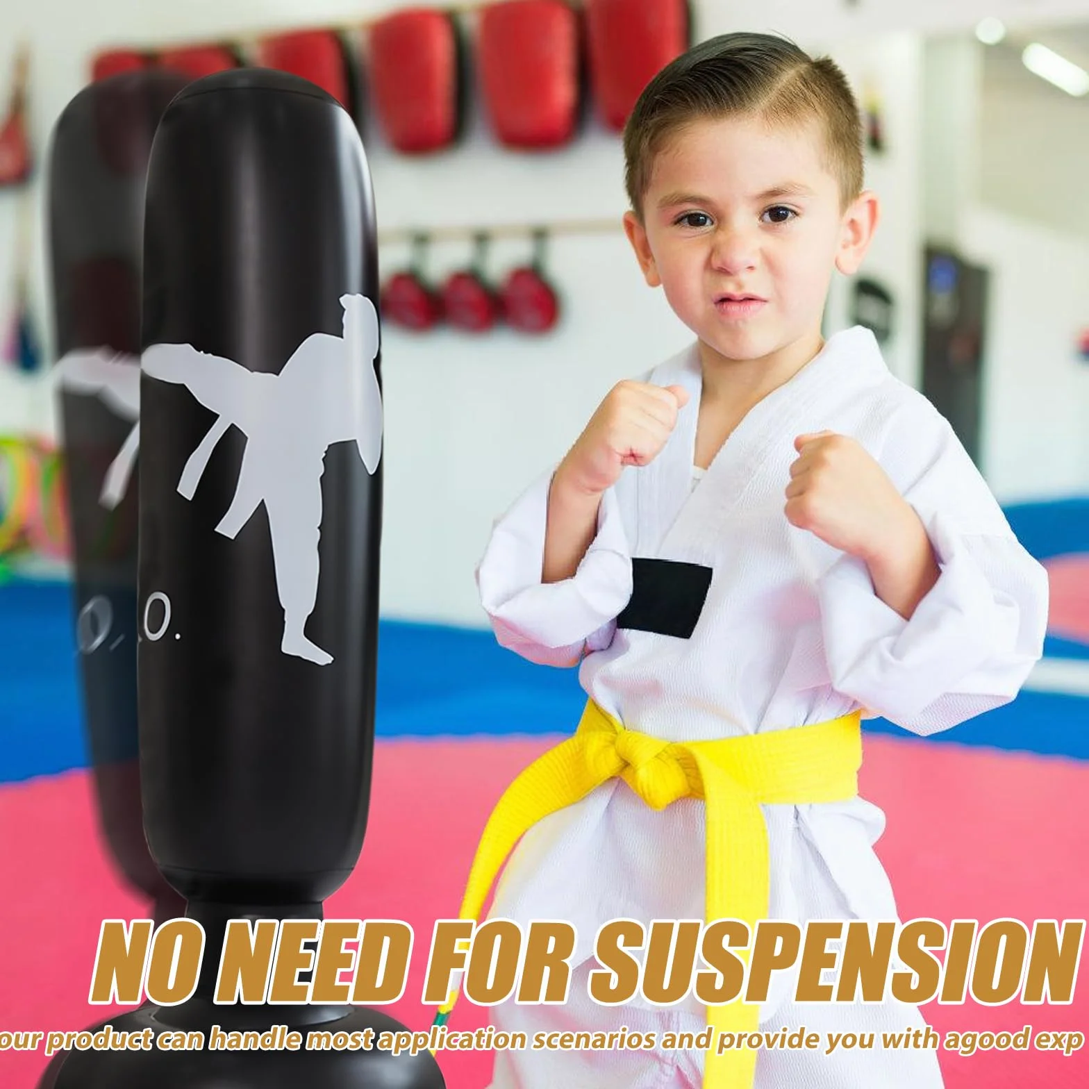 Worek bokserski dla dzieci WIYETY, 160 cm, stojący, z rękawicami bokserskimi, nadmuchiwany, do boksu, kickboxingu i karate