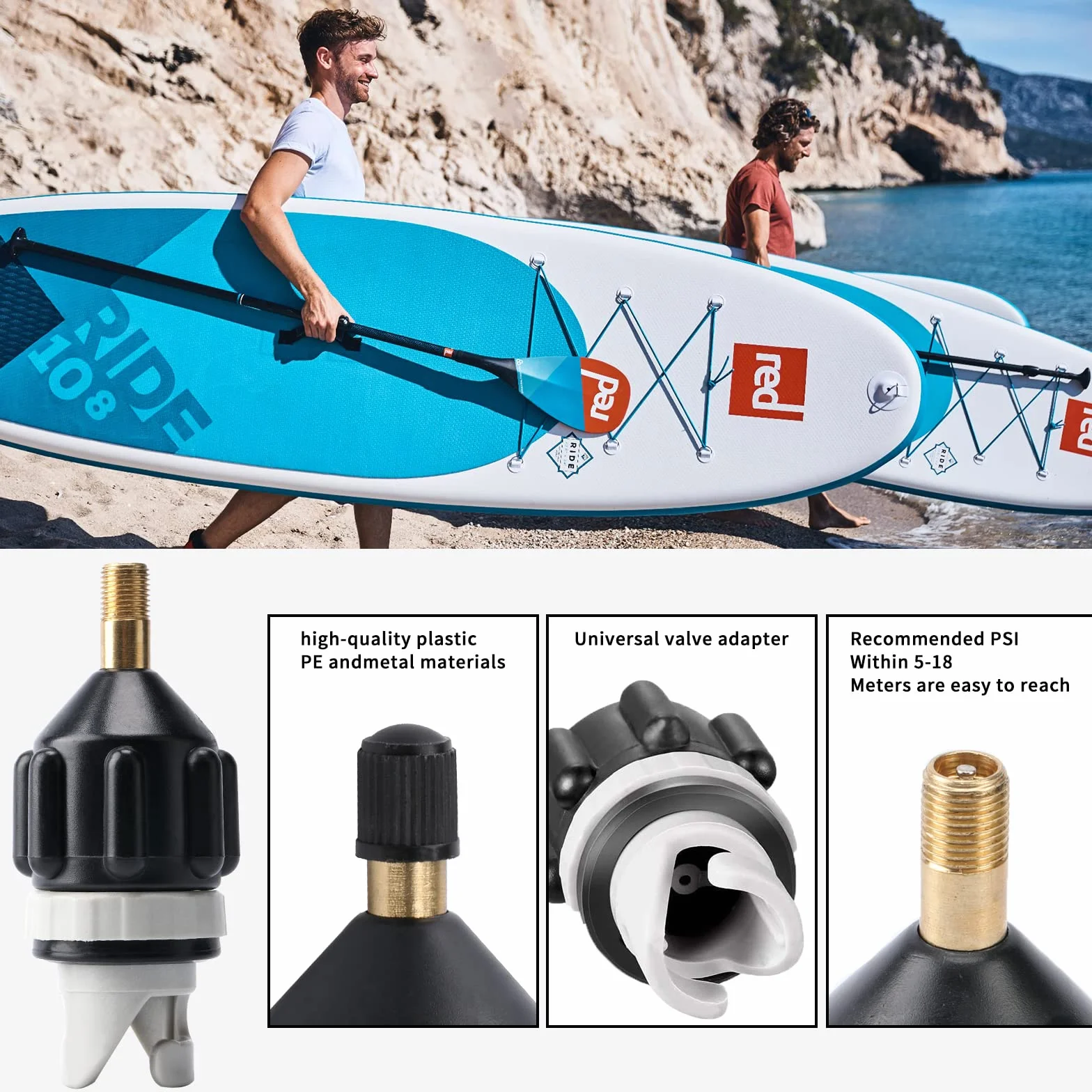 Adapter do sprężarki, pontonu, adapter do wentylu z 4 dyszami gazowymi, akcesoria do surfowania, adapter pompy do deski stojącej, nadmuchiwane łóżko (czarny)