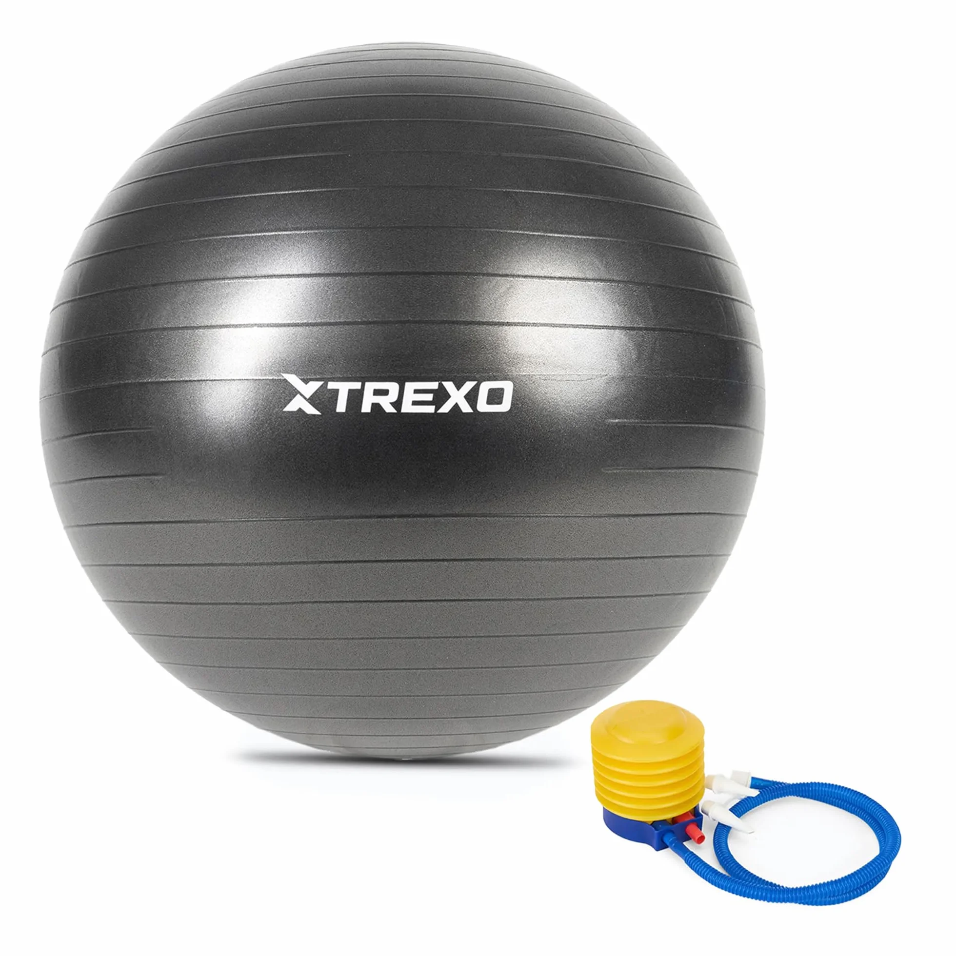 TREXO Piłka gimnastyczna o średnicy 75 cm w kolorze czarnym, zestaw z pompką, wyprodukowana z PCW, lekka i stabilna, zapewnia dobre trzymanie, idealna do pilatesu