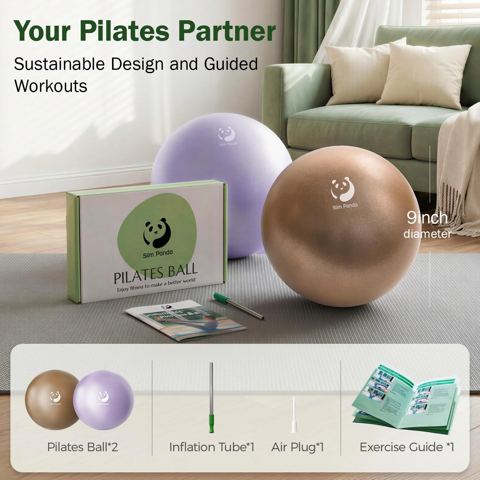 Slim Panda Mini piłka do pilatesu， Piłka do ćwiczeń mała, 23 cm, do pilatesu, z nadmuchiwaną słomką, miękka piłka do jogi, do terapii seniorów, domu, fitnessu, treningu równowagi