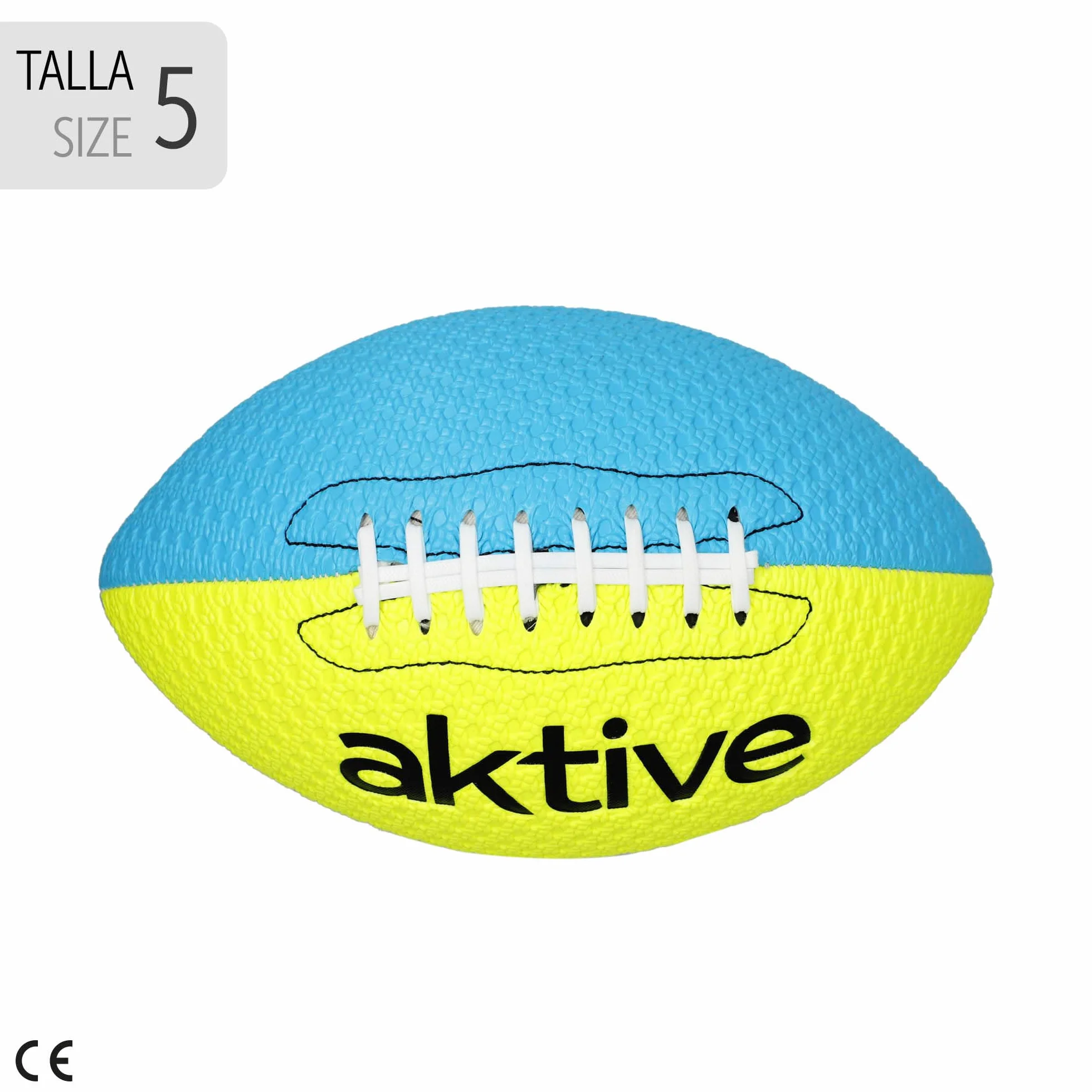 AKTIVE Piłka do rugby PVC, średnica 22 cm, rozmiar 5, kolor fosforynowy żółty i niebieski, wytrzymały i trwały, łatwy chwyt, optymalny do treningu na świeżym powietrzu, sportu, piłki, piłki (54209)