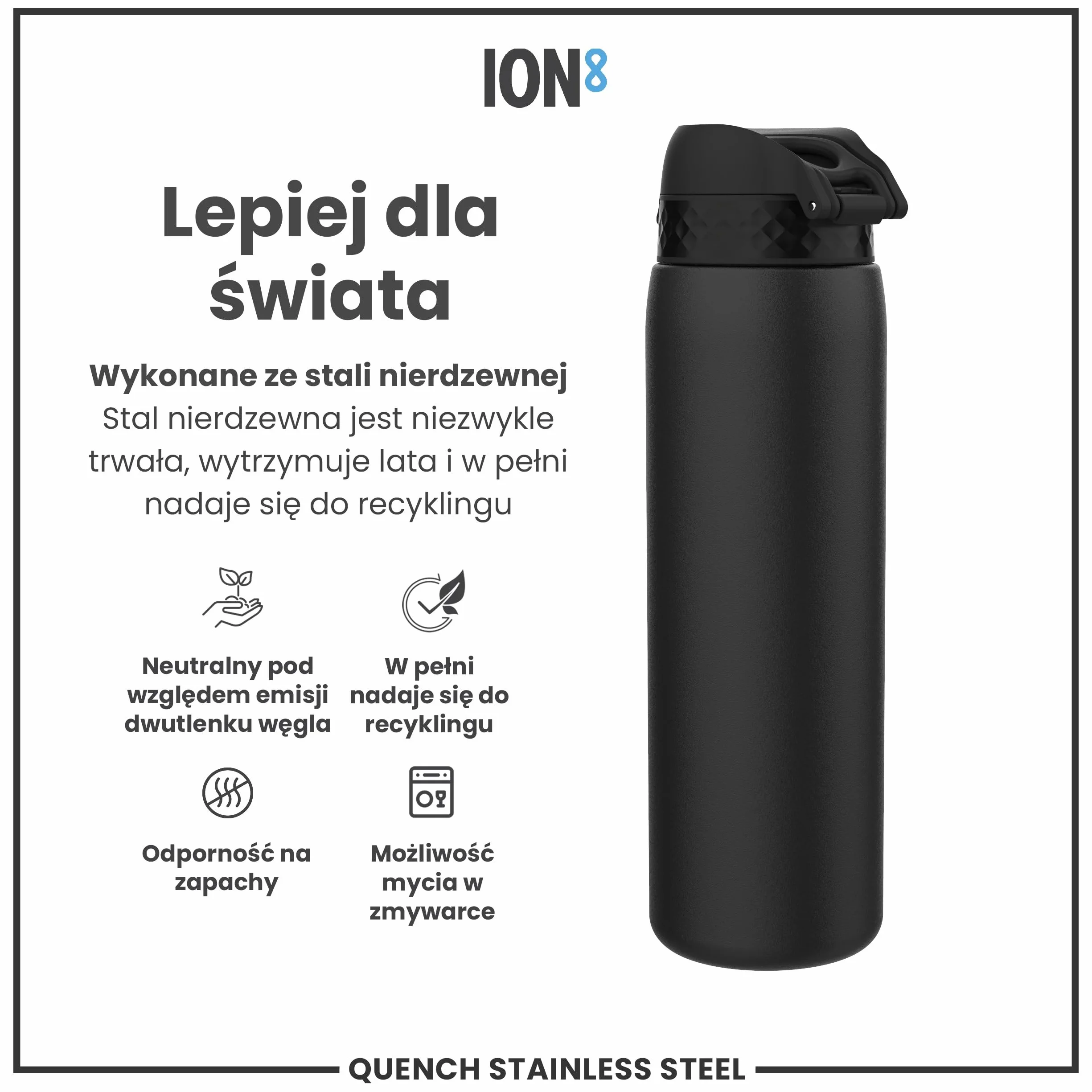 ION8 Butelka na Wodę ze Lekki Stali, 1 Litra, Nieocieplany, Szczelna, Łatwa do Otwarcia, Bezpieczne Zamykanie, Uchwyt do Noszenia, Możliwość Mycia w Zmywarce, Trwałe, Czarny
