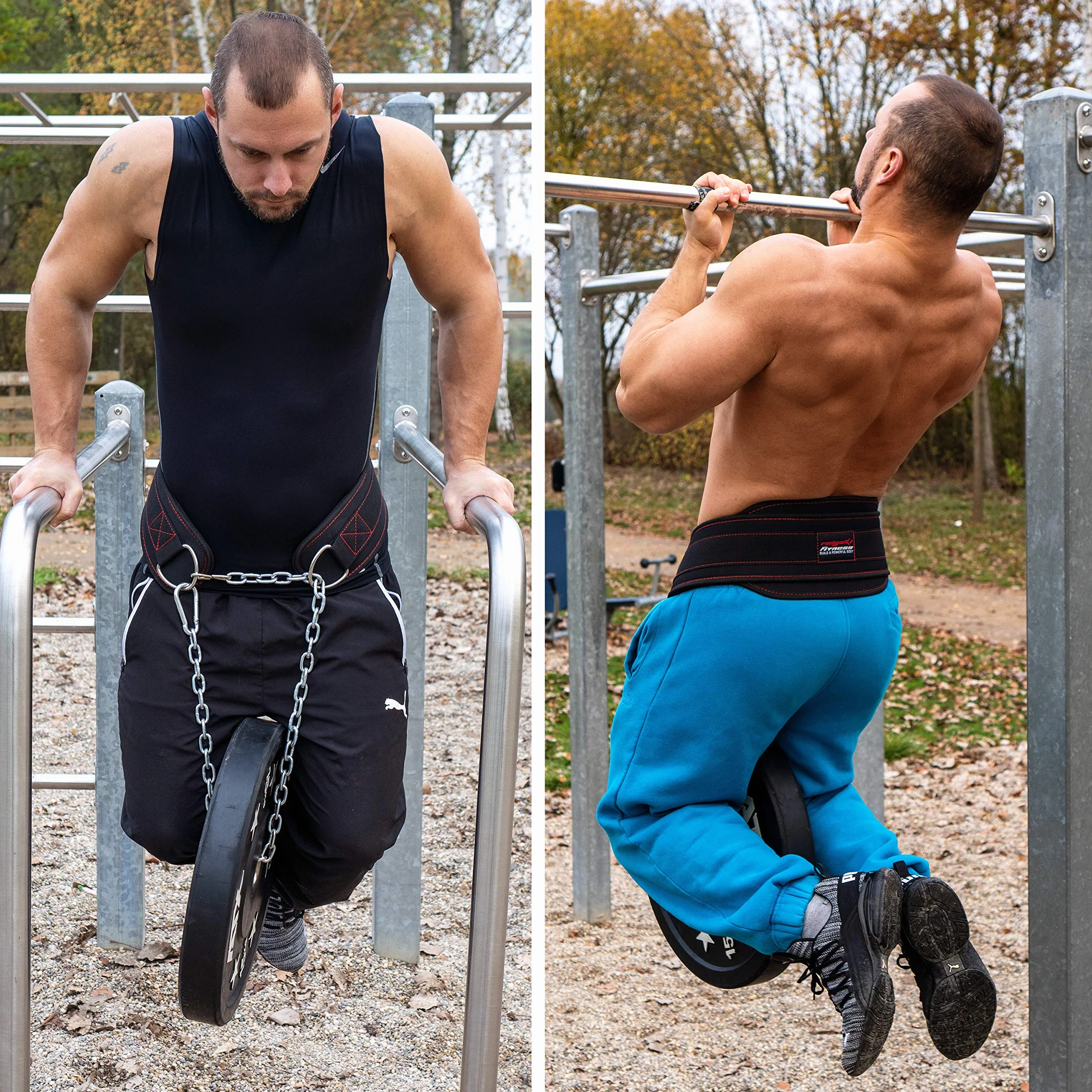 Raigeki pasek do fitnessu z łańcuszkiem, stalowy łańcuch 106 cm (+ plany treningowe) – pas obciążeniowy do treningu siłowego, kulturystyki, podnoszenia ciężarów i podciągania się dla kobiet i mężczyzn