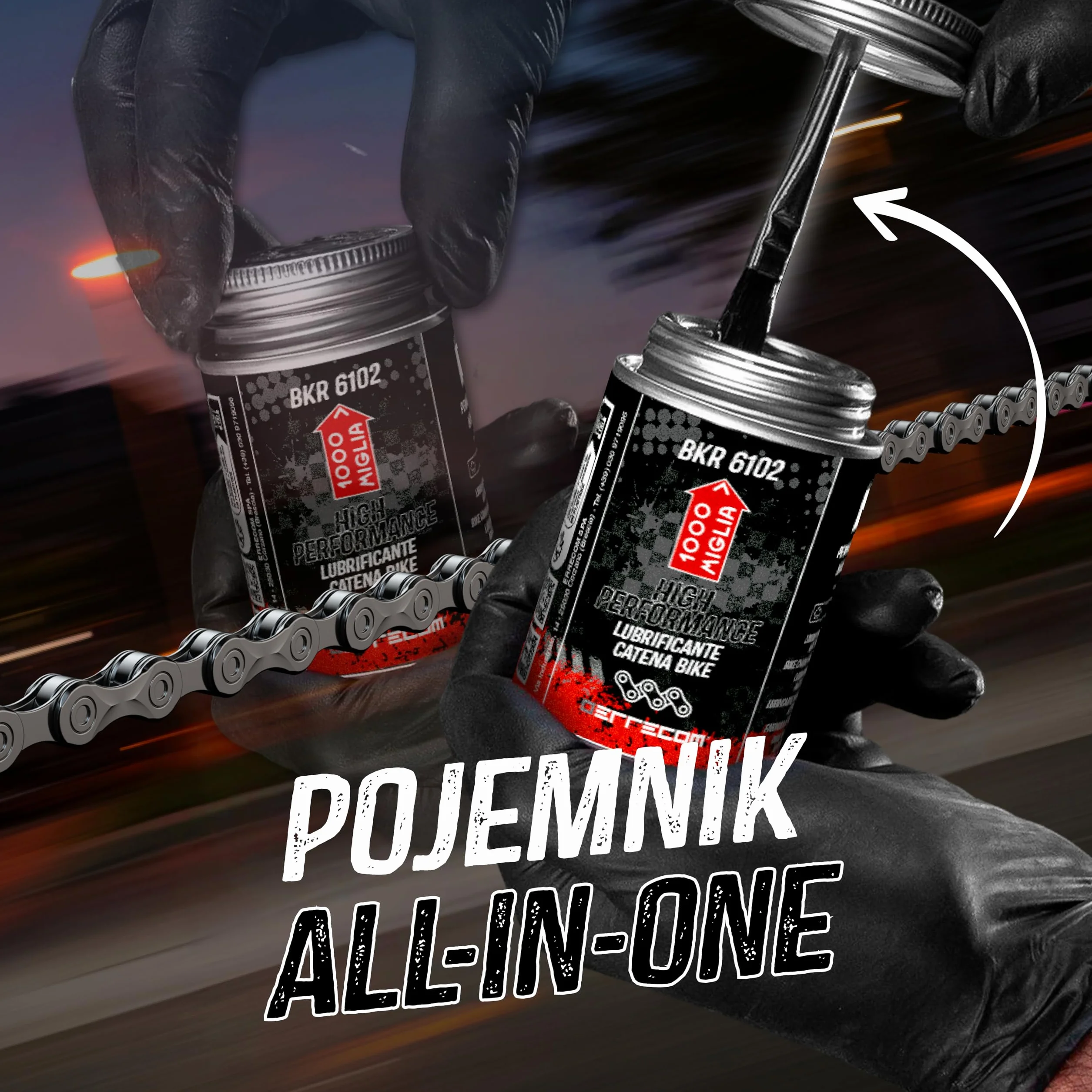 1000 Miglia BKR 6102 HIGH PERFORMANCE Smar do Łańcucha Rowerowego do użytku profesjonalnego - 60 ml, w każdych warunkach, Fluorescencyjny, Pojemnik All-In-One z Pędzelkiem