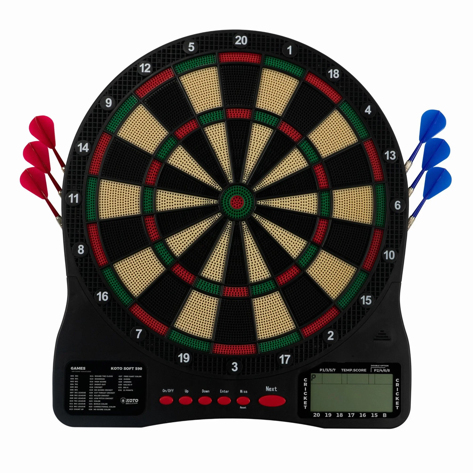 KOTO – Elektroniczna Tarcza Dart Soft Easy (39x2x44,5 cm), 6 Soft Dart, 32 Gry, Ponad 590 Wariantów, Kompaktowa i Nowoczesna