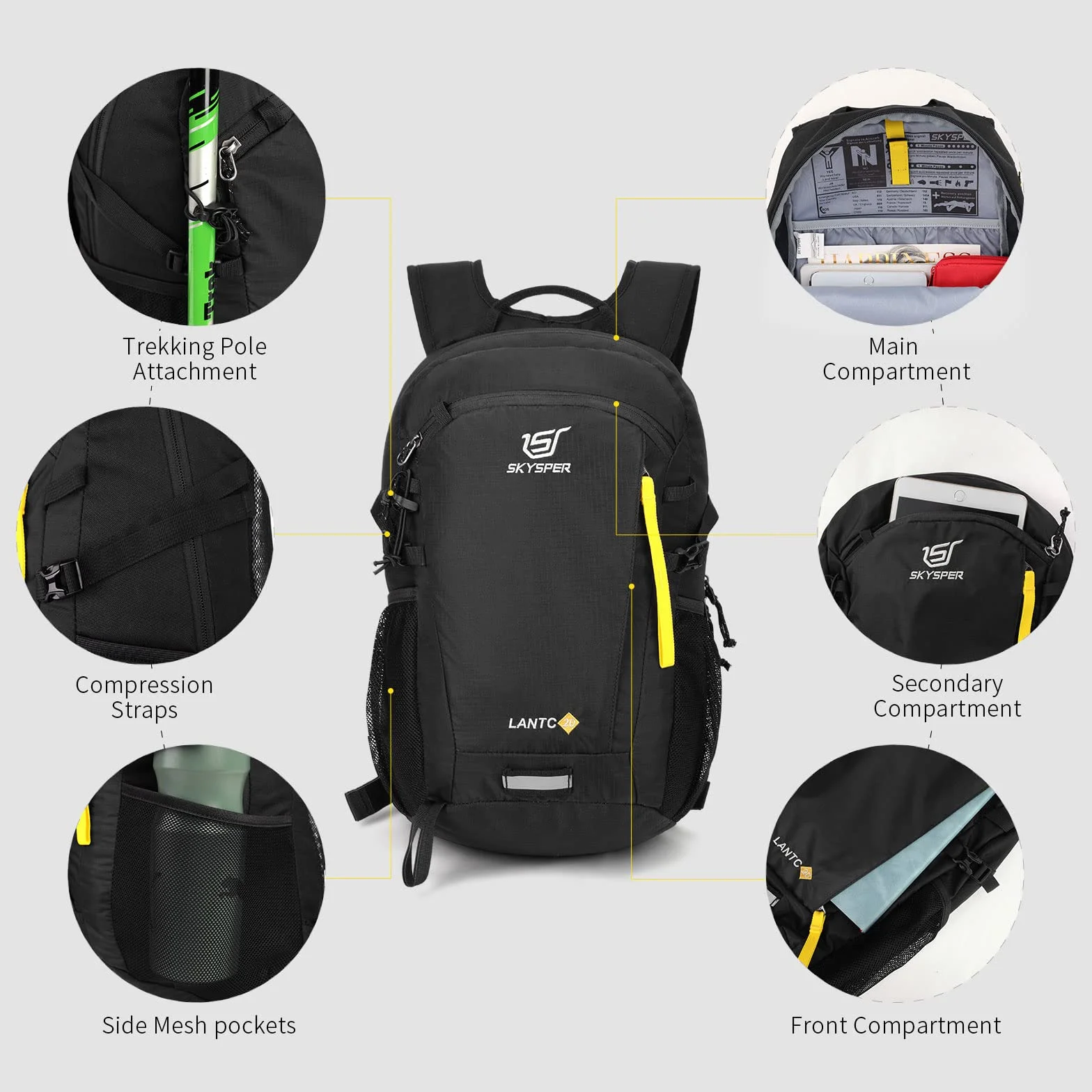 SKYSPER LANTC 20 Plecaki Trekkingowe 20L Mały męski wodoodporny plecak turystyczny plecak turystyczny plecak podróżny do podróży, obóz na zewnątrz