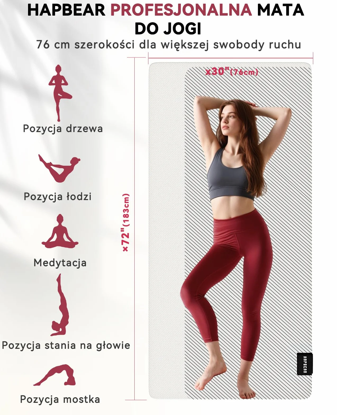 HAPBEAR Mata do jogi z kauczuku naturalnego 183x76cmx5mm, antypoślizgowa mata, z doskonałą amortyzacją do jogi i pilatesu, z torbą Oxford w zestawie