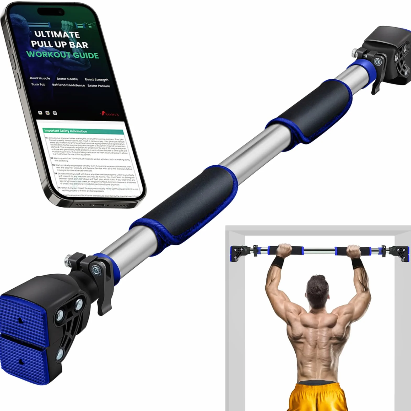 ROMIX Drążek do Podciągania, Wielofunkcyjny Bez Montażu Śrubowego Antypoślizgowe Podciągany Bar Drzwi dla Domu Siłownia Fitness i Trening Ciała