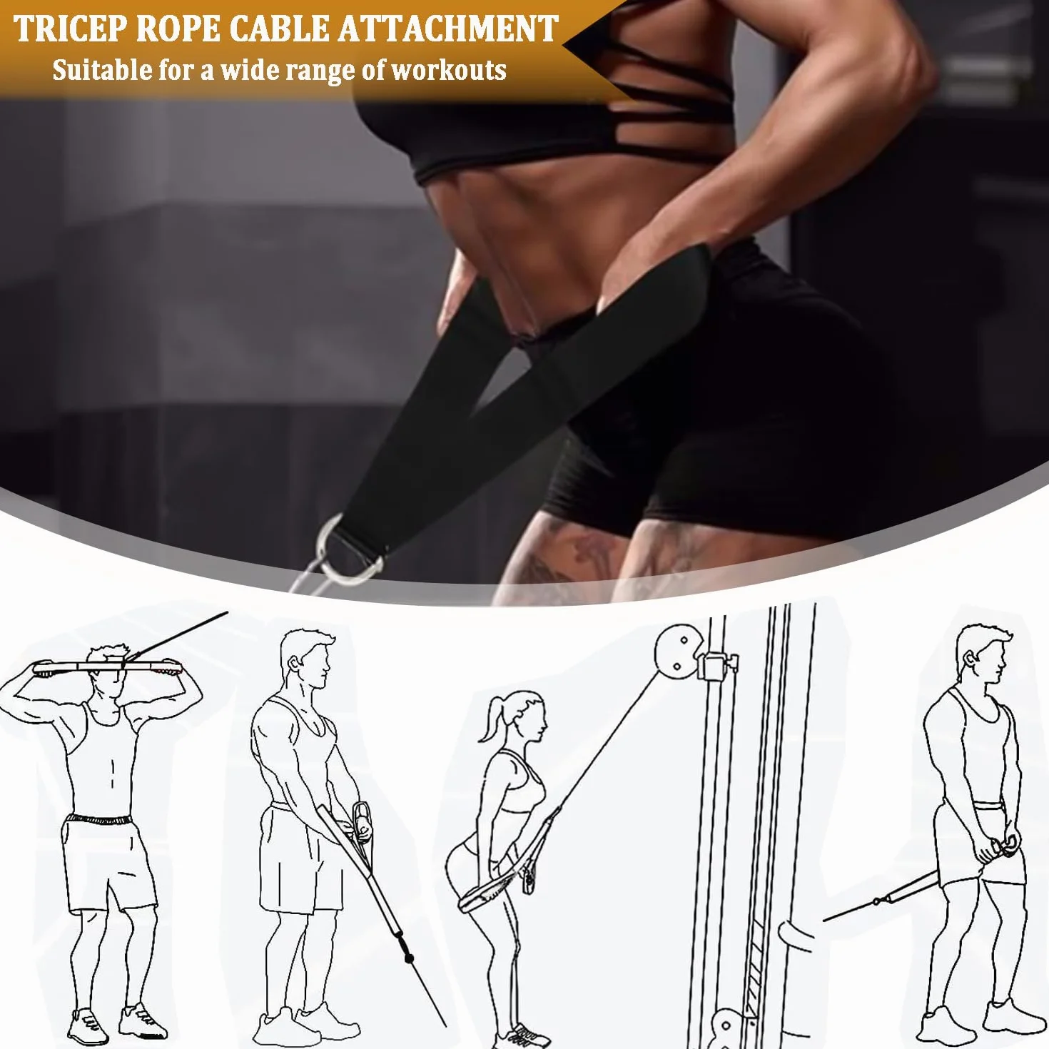 Favuit Linka do mocowania kabla, podciągana lina, regulowana, bardzo długa lina gimnastyczna, tricep, wyciąg kablowy, uchwyty, akcesoria do ćwiczeń bicepsów, tricepsów, ćwiczeń rozciągania (lina