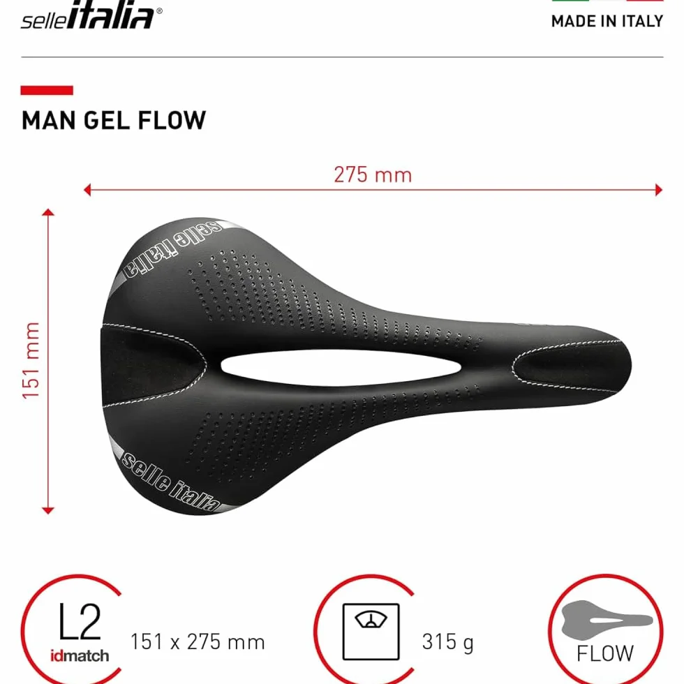 Selle Italia Unisex Dla Dorosłych Manganese Flow SI498570 Siodełko, Czarny, L2