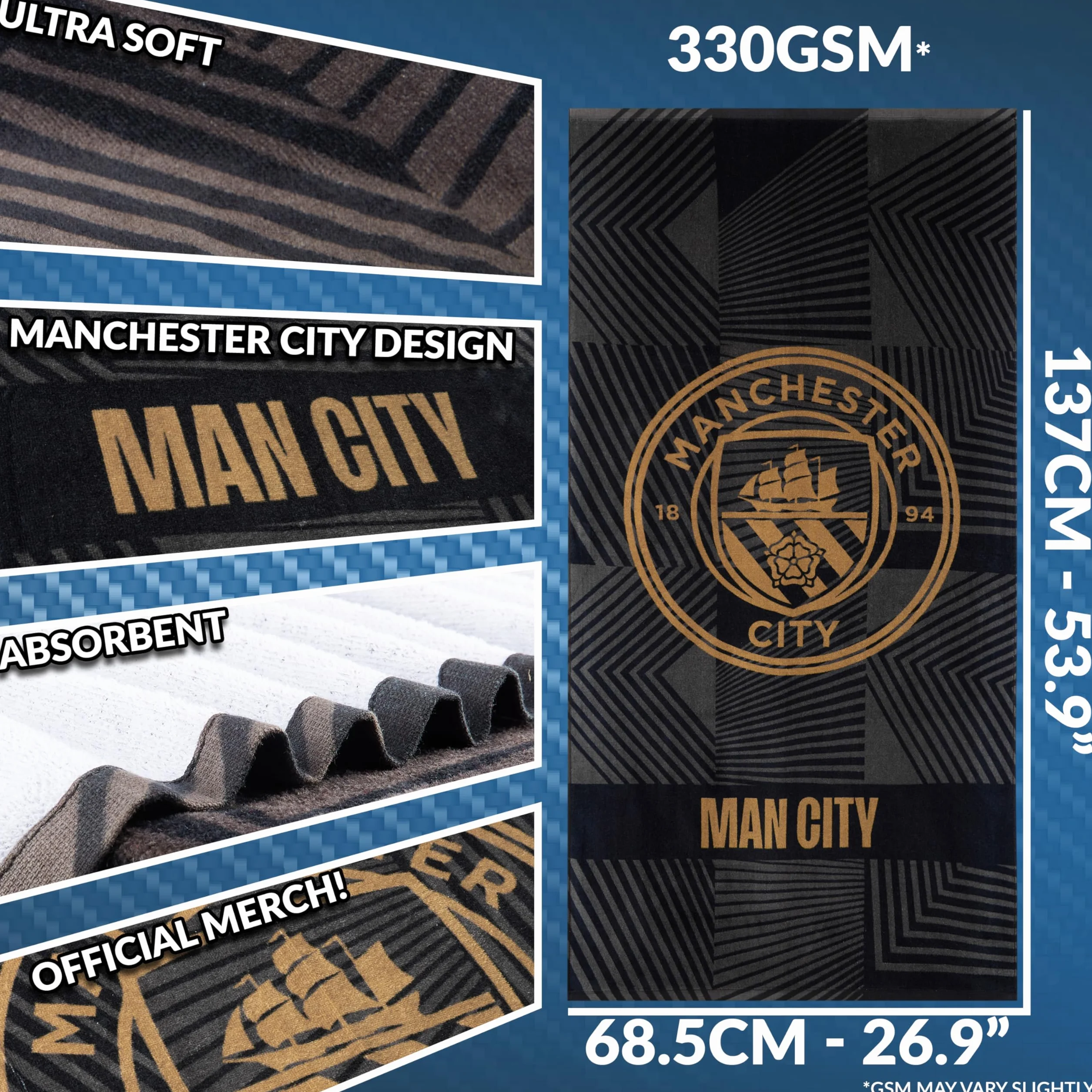 Manchester City FC Ręcznik Łazienkowy Welurowy 140x70 cm 100% Bawełna Czarny