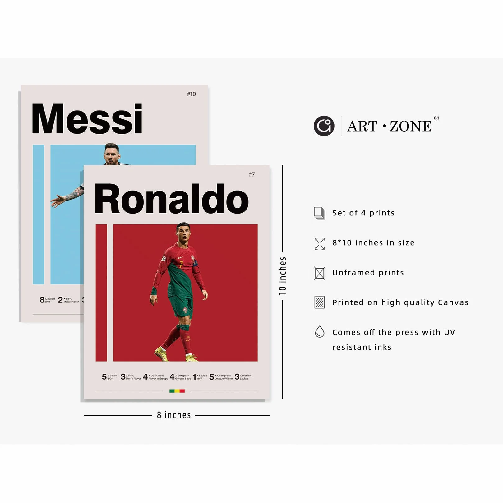 Plakaty piłkarskie 8x10 calowa Druki płótna Nieoprawiony zestaw 4 - Messi, Ronaldo, Mbape i Neymar Słynna piłka nożna Plakat supergwiazdy Dekoracja sportowa Sztuka ścienna dla chłopców w sypialni