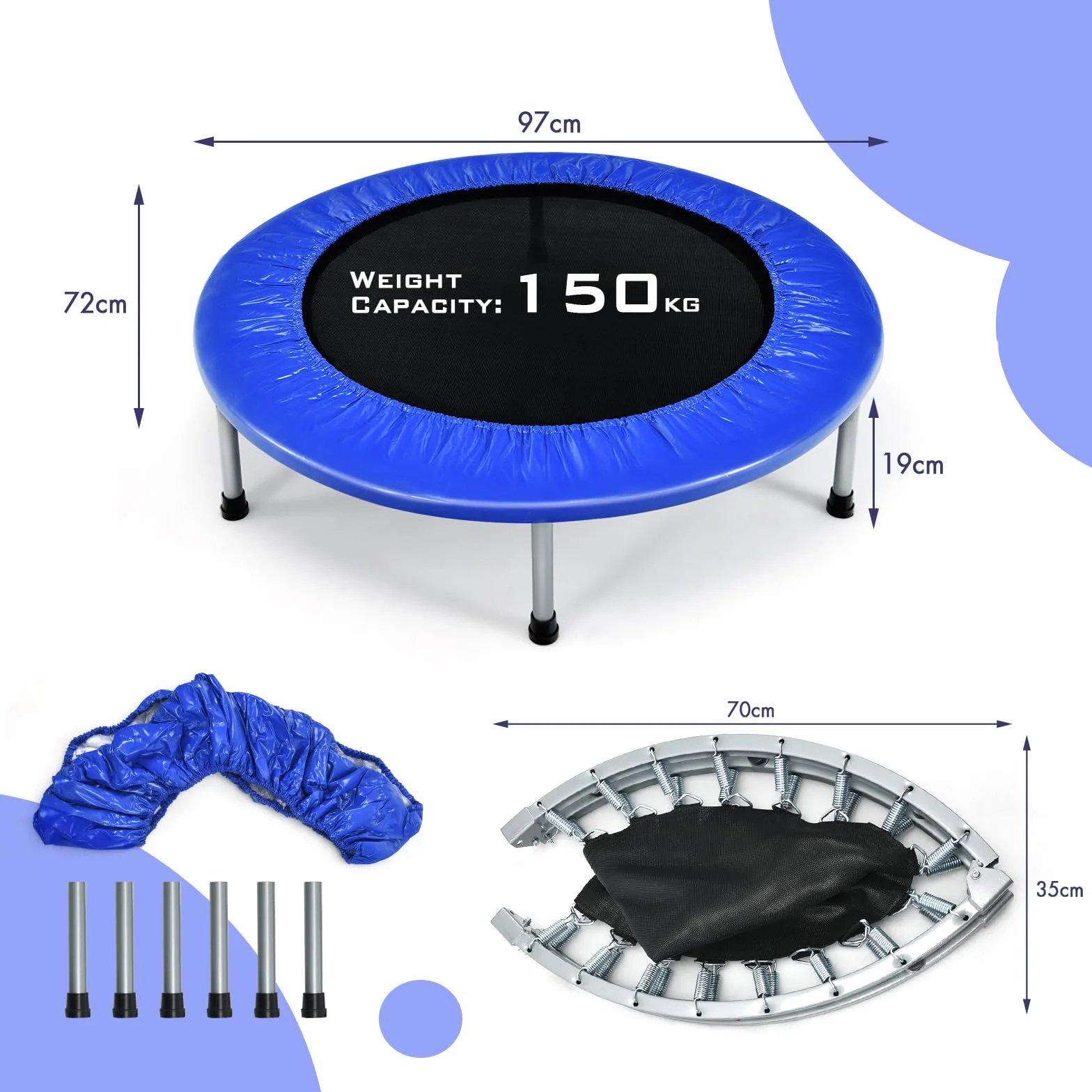 KOMFOTTEU Mini trampolina Ø96 cm, składane elastyczne łóżko fitness, trampolina dla dzieci o pojemności 150 kg, z antypoślizgowymi stopami do treningu wewnątrz i na zewnątrz