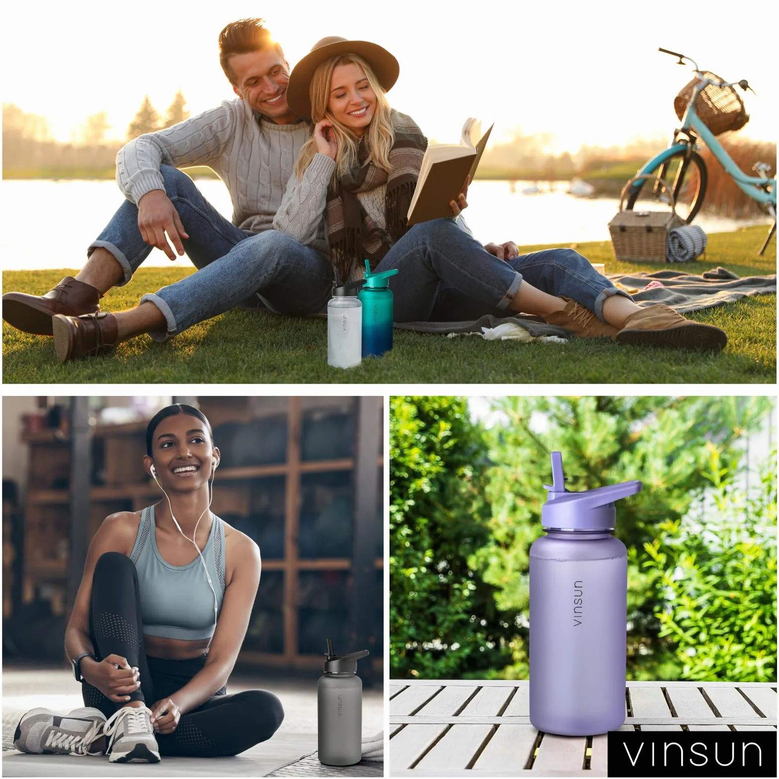 VINSUN Butelka do picia 1 l ze słomką Tritan BPA Free fioletowa