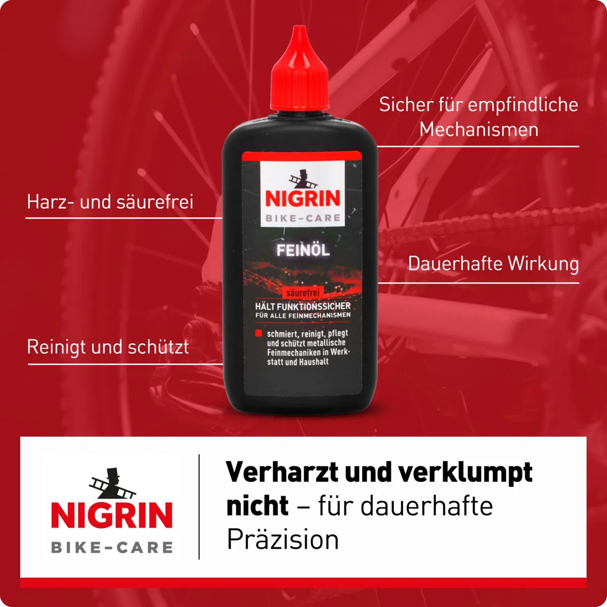 NIGRIN BIKE-CARE olej drobnoziarnisty | butelka 100 ml | olej do mechaniki precyzyjnej | do hobby i warsztatu | bez żywicy i kwasów | szary