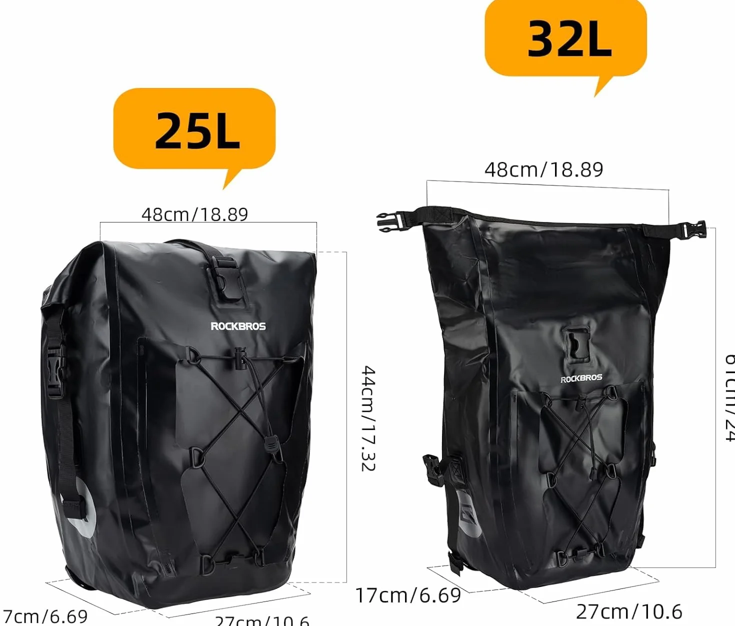 ROCKBROS Sakwa Rowerowa do Bagażnika, Duża Pojemność 25L-32L, 100% Wodoodporna, Odblaskowa, Trwała, Uniwersalna, z Regulowaną klamrą, Tylna Sakwa z Uchwytem do Przenoszenia, Wielokolorowy