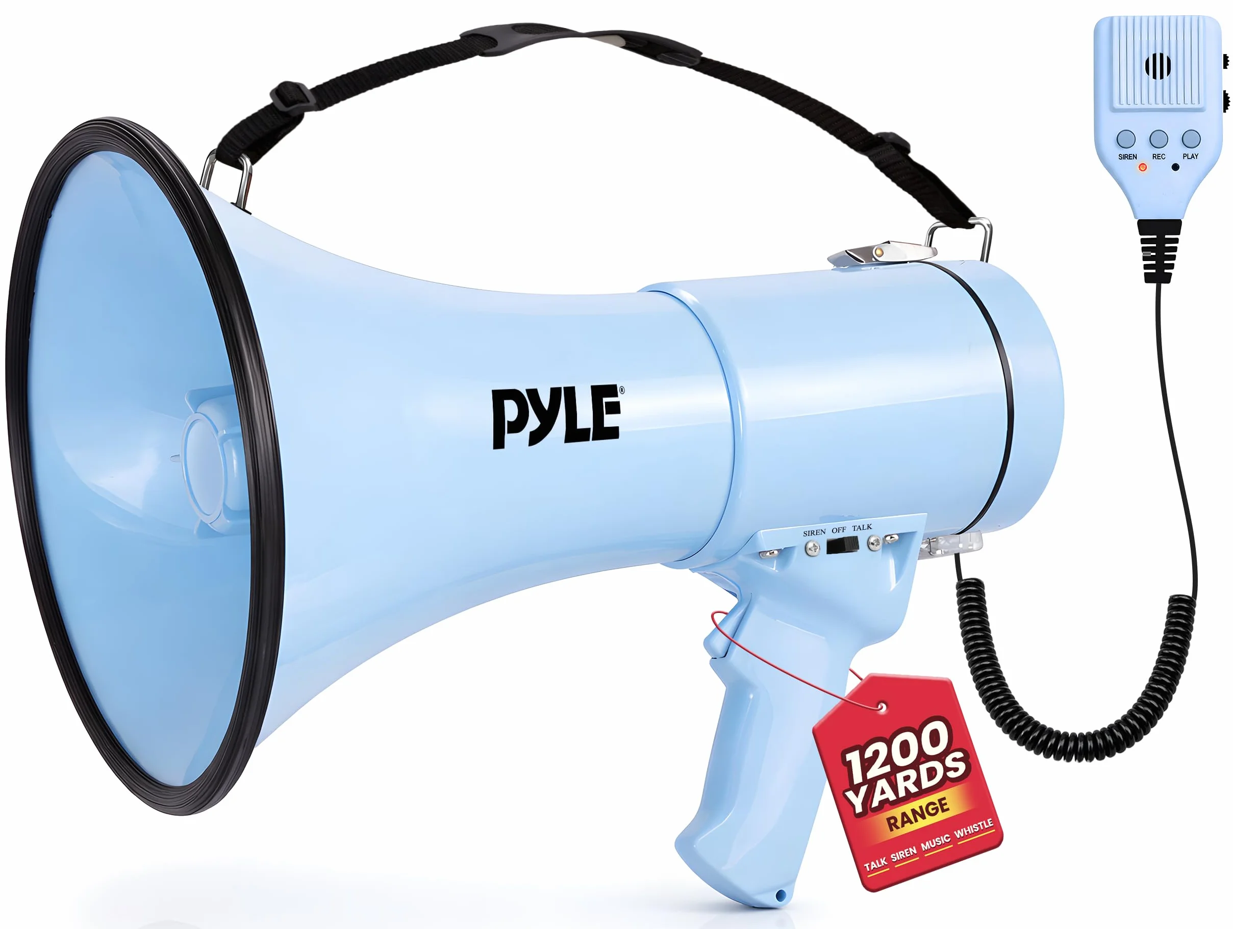 Pyle 50W Megaphone Bullhorn - Portable, Automatic Siren & Adjustable Volume,Projection Range Up to 1200 Square Yards, Aux Input, Talk, Siren, Music, Whistle, & Record, Shoulder Strap (Blue)