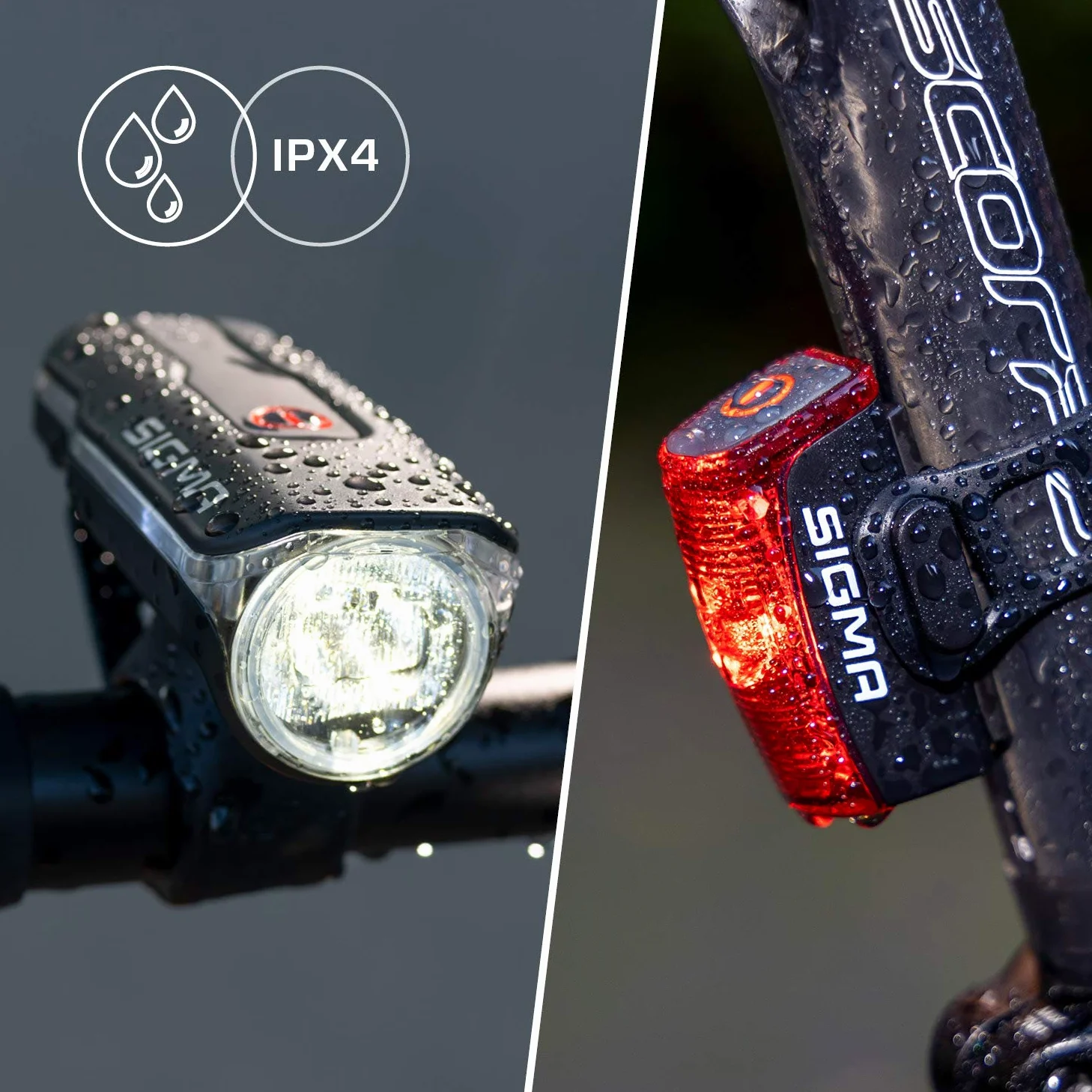 Zestaw oświetlenia rowerowego LED SIGMA AURA 60 i INFINITY | przednie i tylne światło zasilane bateryjnie | bryzgoszczelny zestaw oświetlenia rowerowego