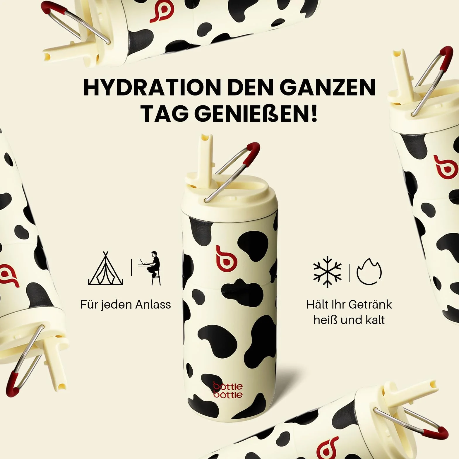 bottlebottle Butelka na napoje ze słomką, 500 ml, szczelna, sportowa butelka na wodę, idealna do szkoły, biura, na wędrówki i wycieczki, nie zawiera BPA (w krowie łaty)