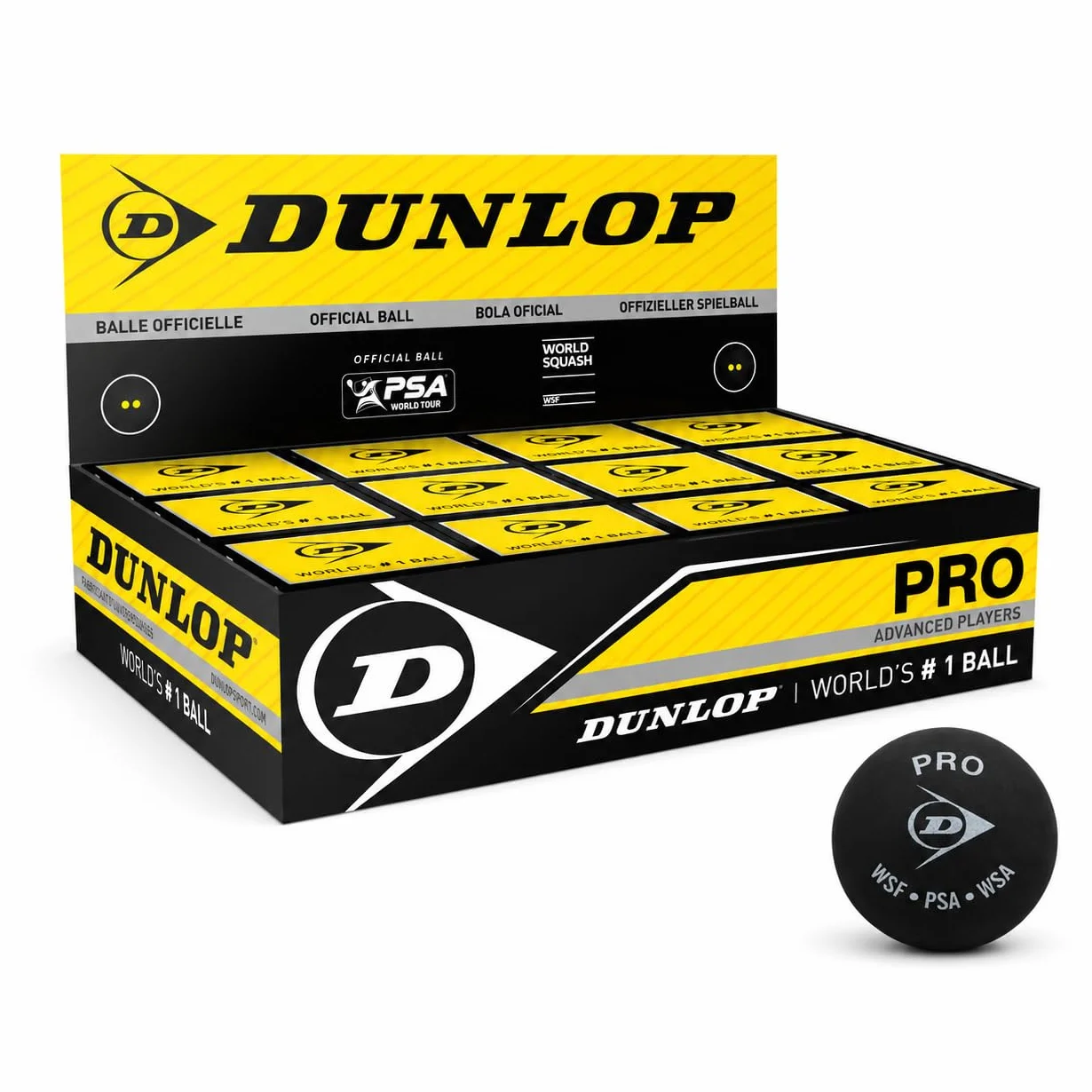 Dunlop Sports Dunlop Piłki do squasha Pro, podwójne, żółte, 12 sztuk, oficjalne piłki do squasha, czarne