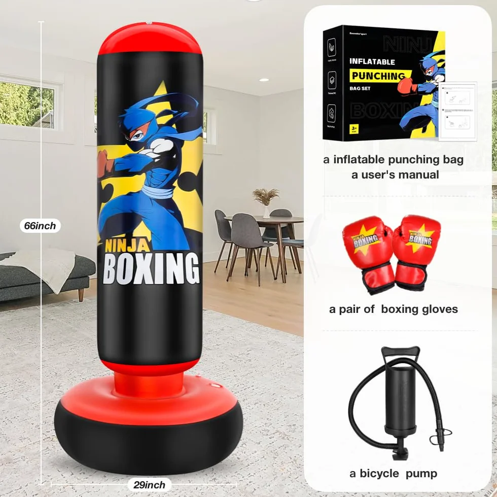 Słupek treningowy z rękawicami bokserskimi i pompką, worek bokserski dla dzieci 168 cm, idealna do karate, taekwondo, doskonały prezent dla chłopców i dziewcząt w wieku 5–12 lat