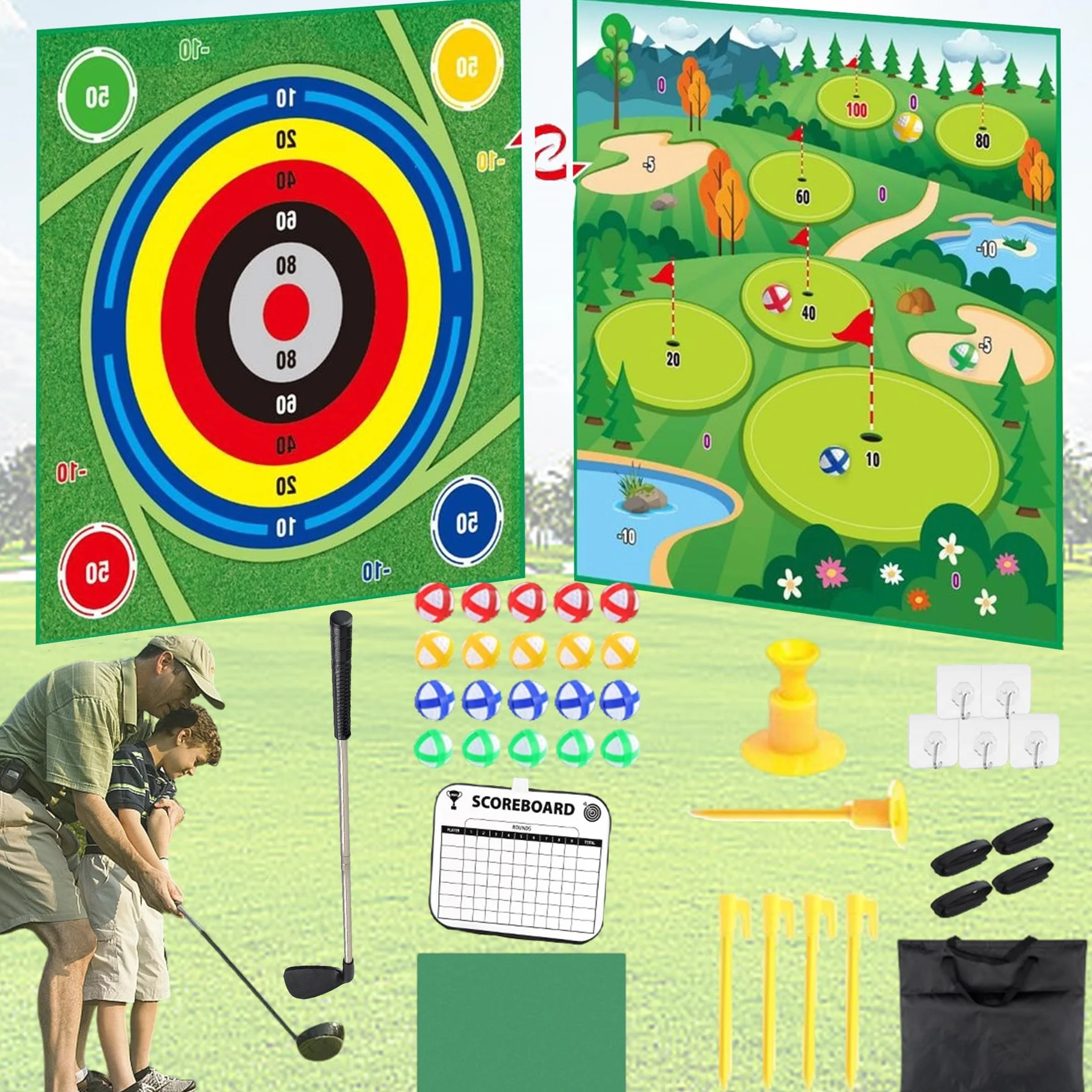 Dwustronny Zestaw Golfowy, Golf Chipping Game Mat z Kijem, Golf Hitting Mat z 20 Kulkami, Sprzęt Do Zabawy Stick Chip Golfs Set Backyard Game, Zestaw Golfowy Dla Dzieci, Sporty Wewnętrzne