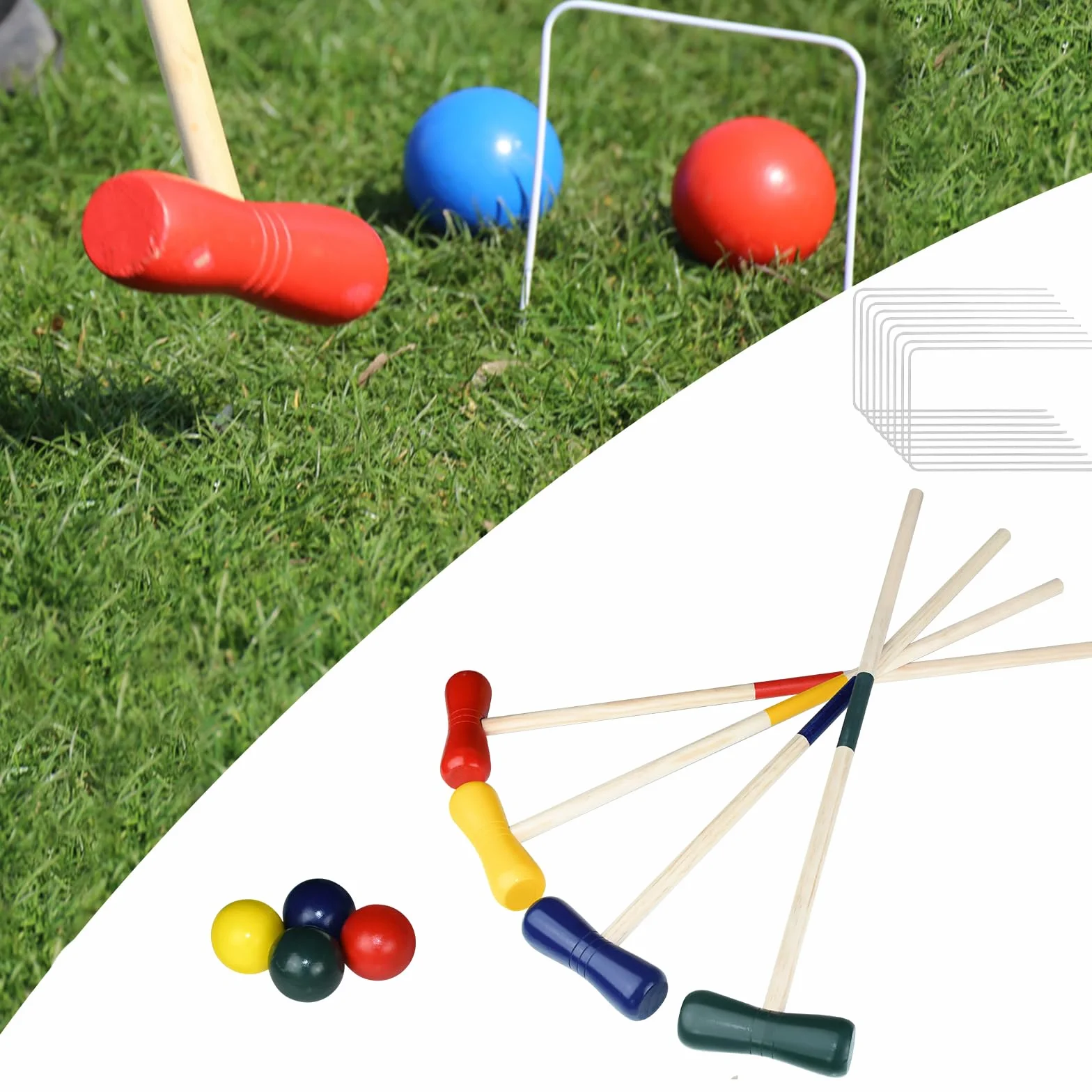 FIVMEN Croquet zestaw do gry w krokieta, drewniany crocket dla 4 graczy, do zabawy w kratkę, gry na świeżym powietrzu, dla dorosłych i dzieci