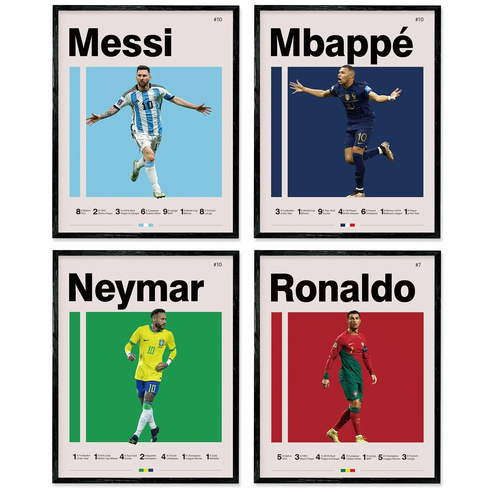Plakaty piłkarskie 8x10 calowa Druki płótna Nieoprawiony zestaw 4 - Messi, Ronaldo, Mbape i Neymar Słynna piłka nożna Plakat supergwiazdy Dekoracja sportowa Sztuka ścienna dla chłopców w sypialni