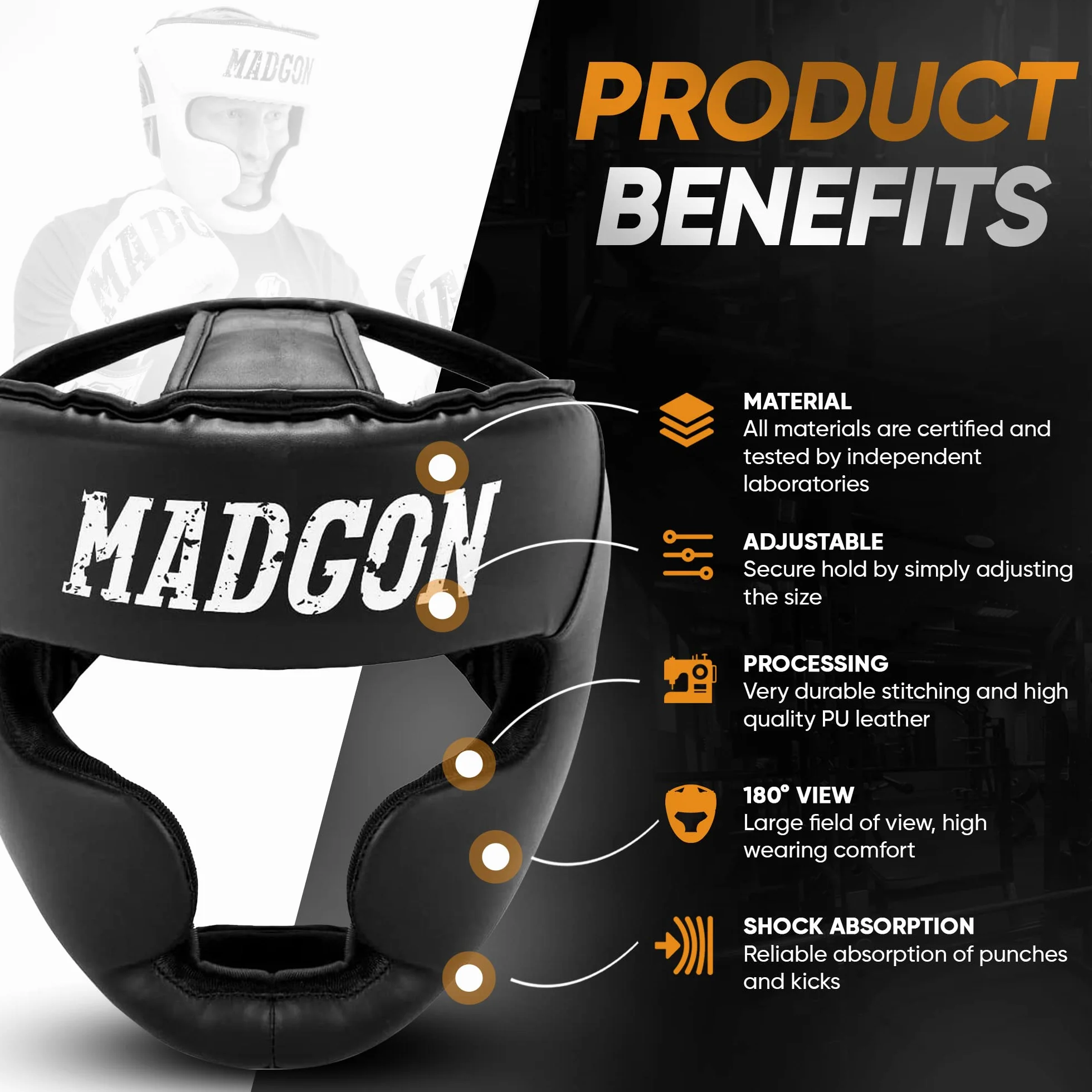 MADGON Kask Bokserski z Absorbcją Uderzeń! Pełna Ochrona Głowy – Idealna Widoczność i Minimalne Pocenie – Kask Ochronny dla Sztuk Walki, Boksu, Kick Boxingu, Sparringu – Kask MMA z Torbą w Zestawie!
