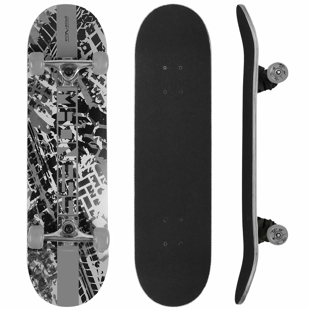 Deskorolka dla dorosłych z łożyskiem kulkowym ABEC-9. Wykonana z drewna. Nowoczesna grafika. Sprzęt sportowy do skateparku i trików na rampie. 80 x 20 cm.