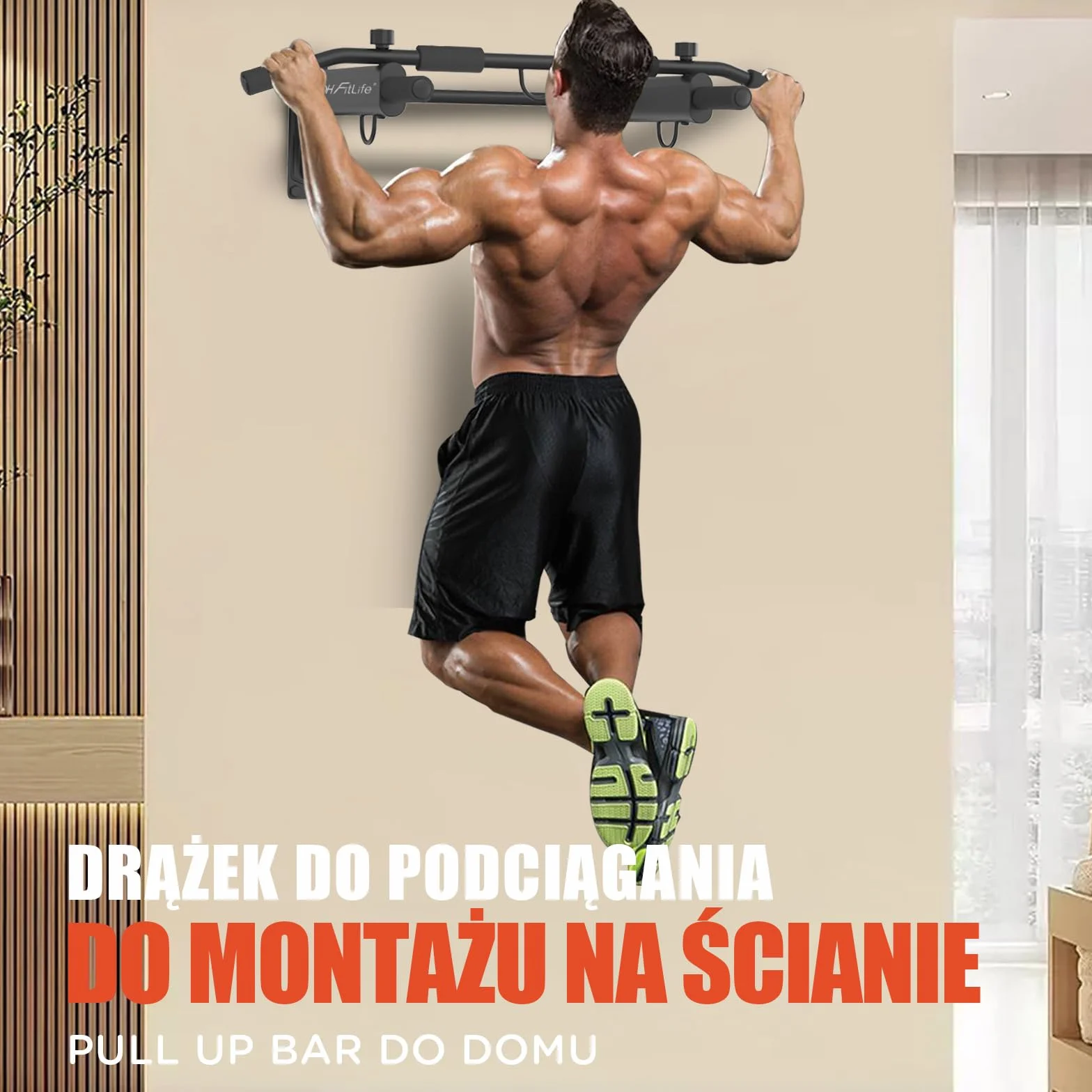 DH FitLife Drążek do podciągania 4 w 1 do montażu na ścianie z kołkiem rozporowym | Wielofunkcyjny drążek do 200 kg | 6 antypoślizgowych uchwytów | 3 oczka do worka bokserskiego i taśm treningowych