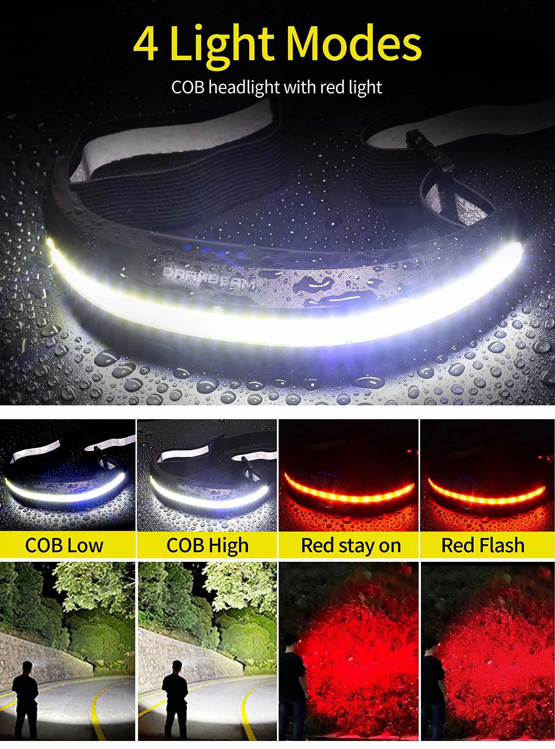DARKBEAM Latarka czołowa USB - C Akumulator COB Jasne Latarka na kask, latarki LED z czerwonym światłem - Reflektor czołowy 230° - konserwacja samochodu, prace budowlane, wędkarstwo, awaryjny