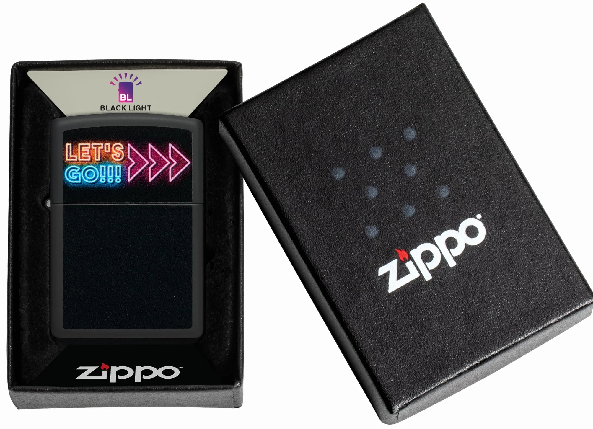 Zippo Let's Go Zapalniczka Sztormowa, Lampa Światła Czarnego, do Napełniania, Wielokrotnego Użytku, Wiatroodporna Konstrukcja, Pudełko na Prezent, Wykonano w USA, Kolor Czarny Matowy