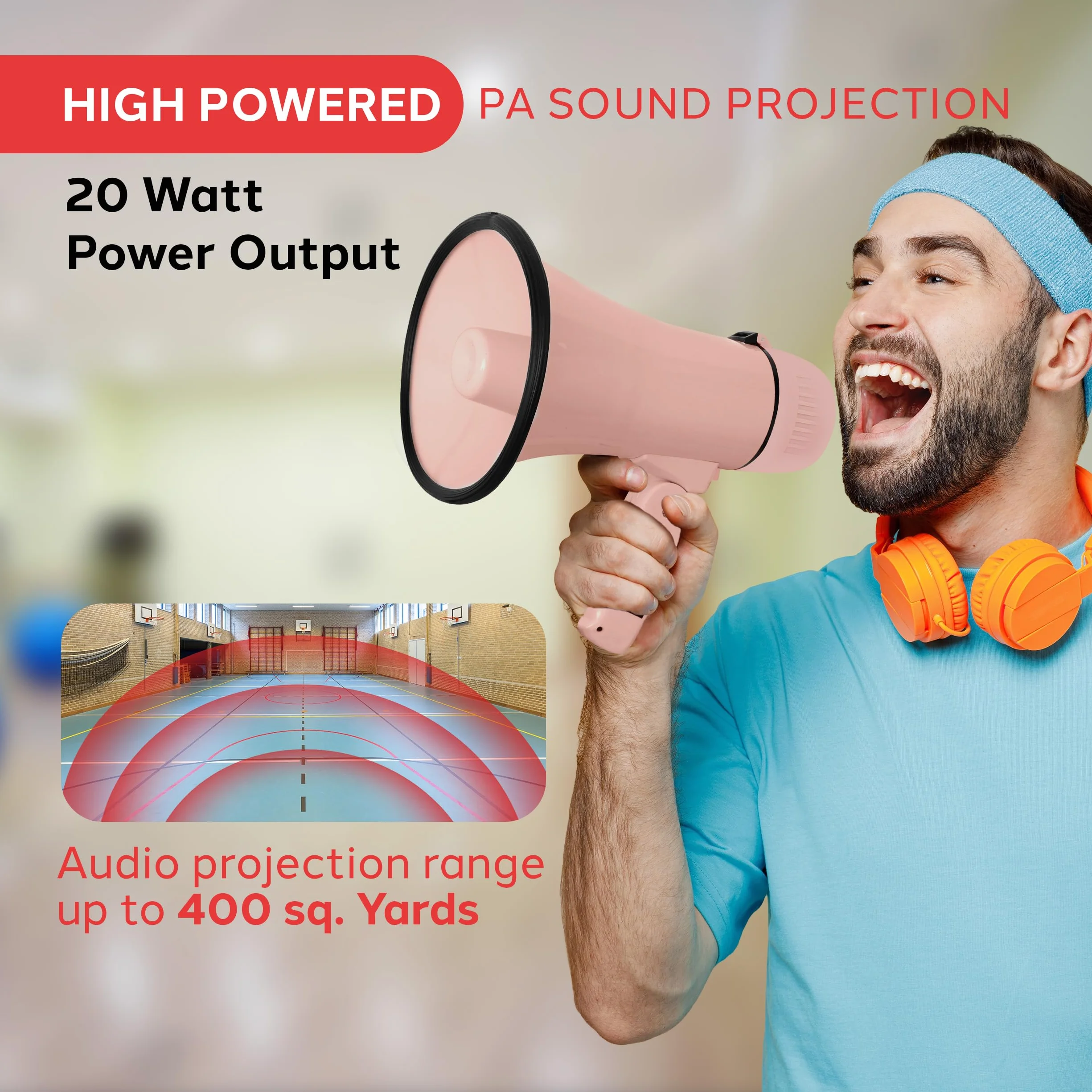 Pyle 20W Megaphone Bullhorn - Portable, Automatic Siren & Adjustable Volume,Projection Range Up to 400 Square Yards, Aux Input, Talk, Siren, Music, Whistle, & Record, Shoulder Strap (Pink)