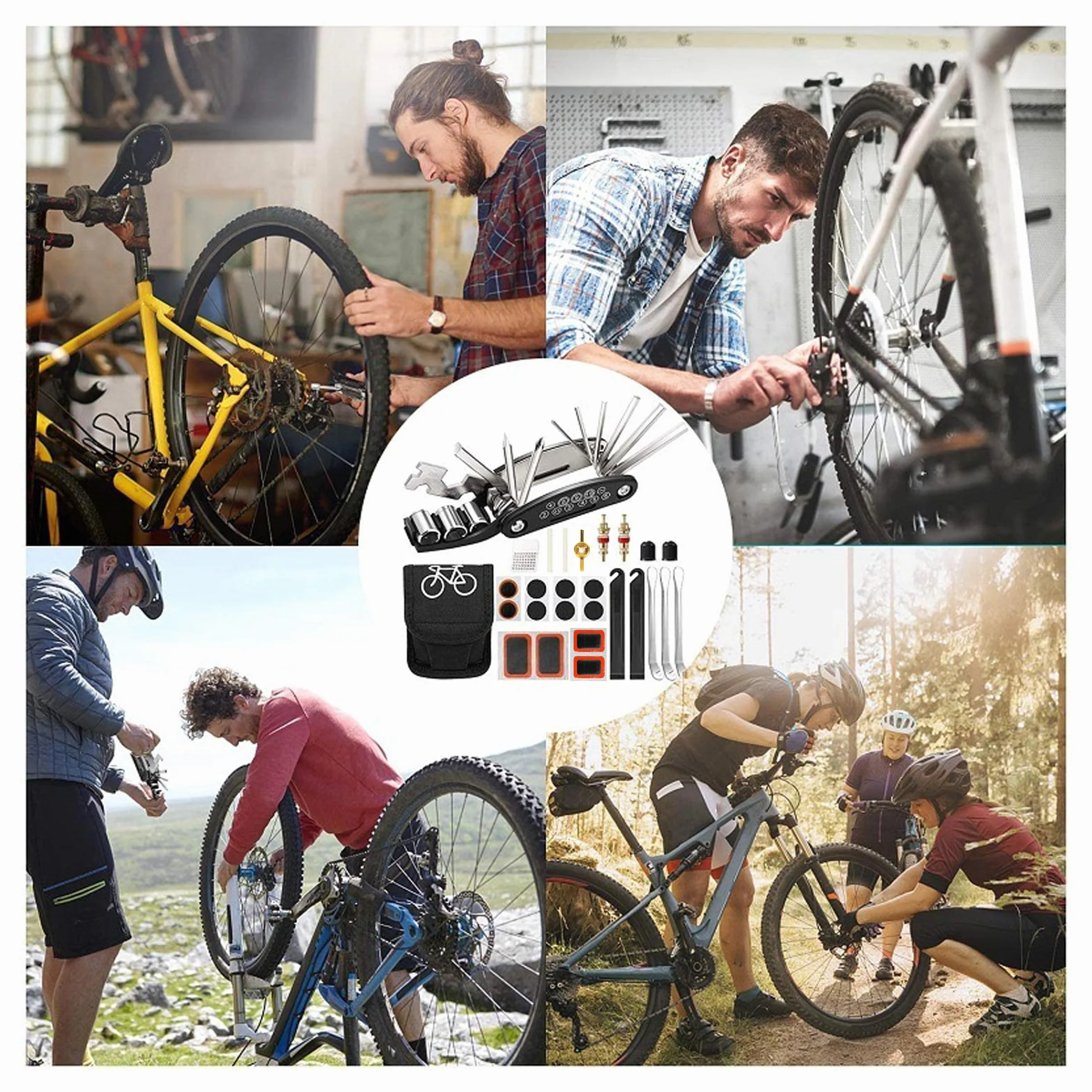 Zestaw naprawczy do opon rowerowych, 16 w 1, zestaw naprawczy do dętek rowerowych, metalowy podnośnik do opon dla rowerzystów, motocykli, pojazdów terenowych, nadmuchiwana guma