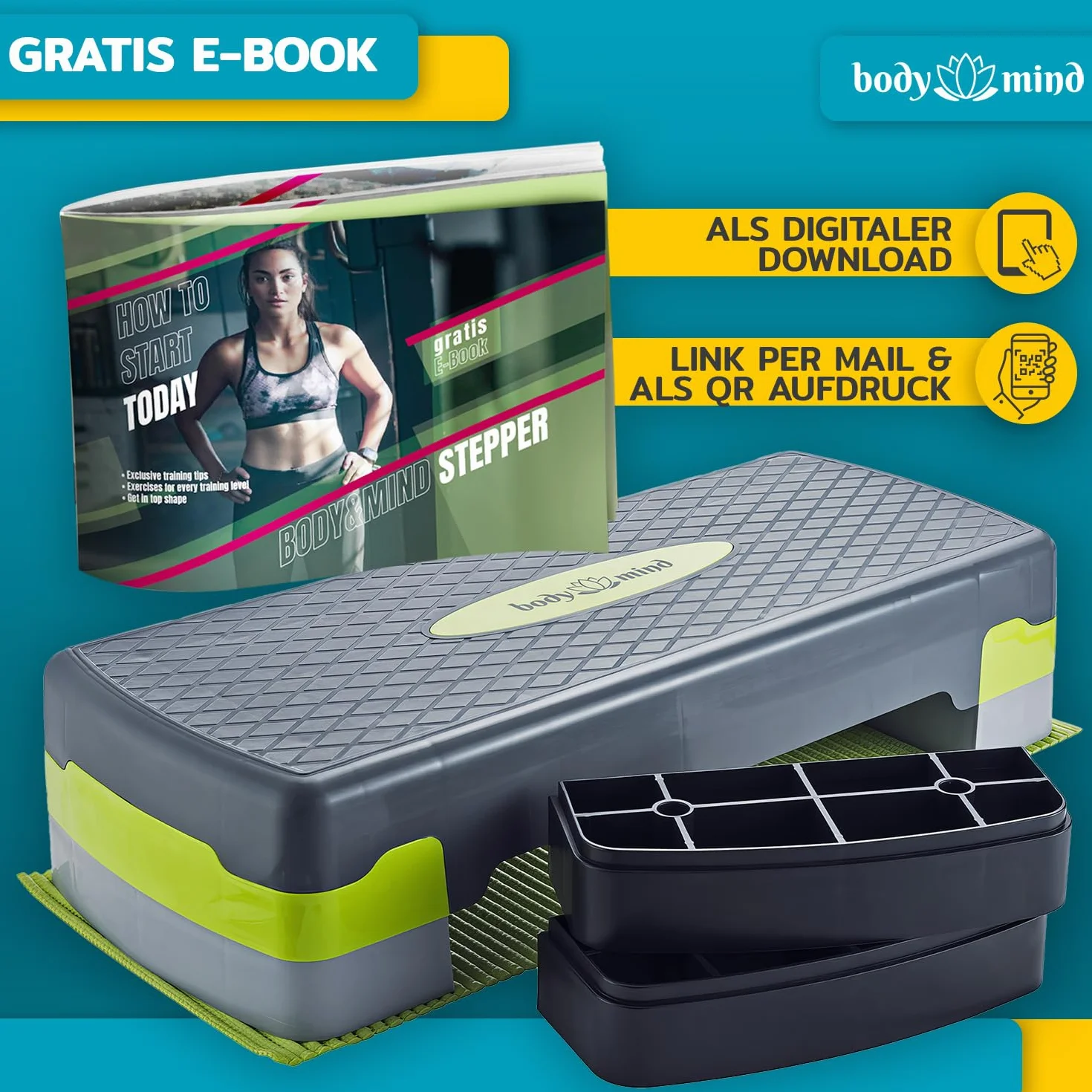 Body & Mind® Aerobic Stepper Elite 3-stopniowa ławka do steppera z darmową matą antypoślizgową i ekskluzywnym e-bookiem treningowym